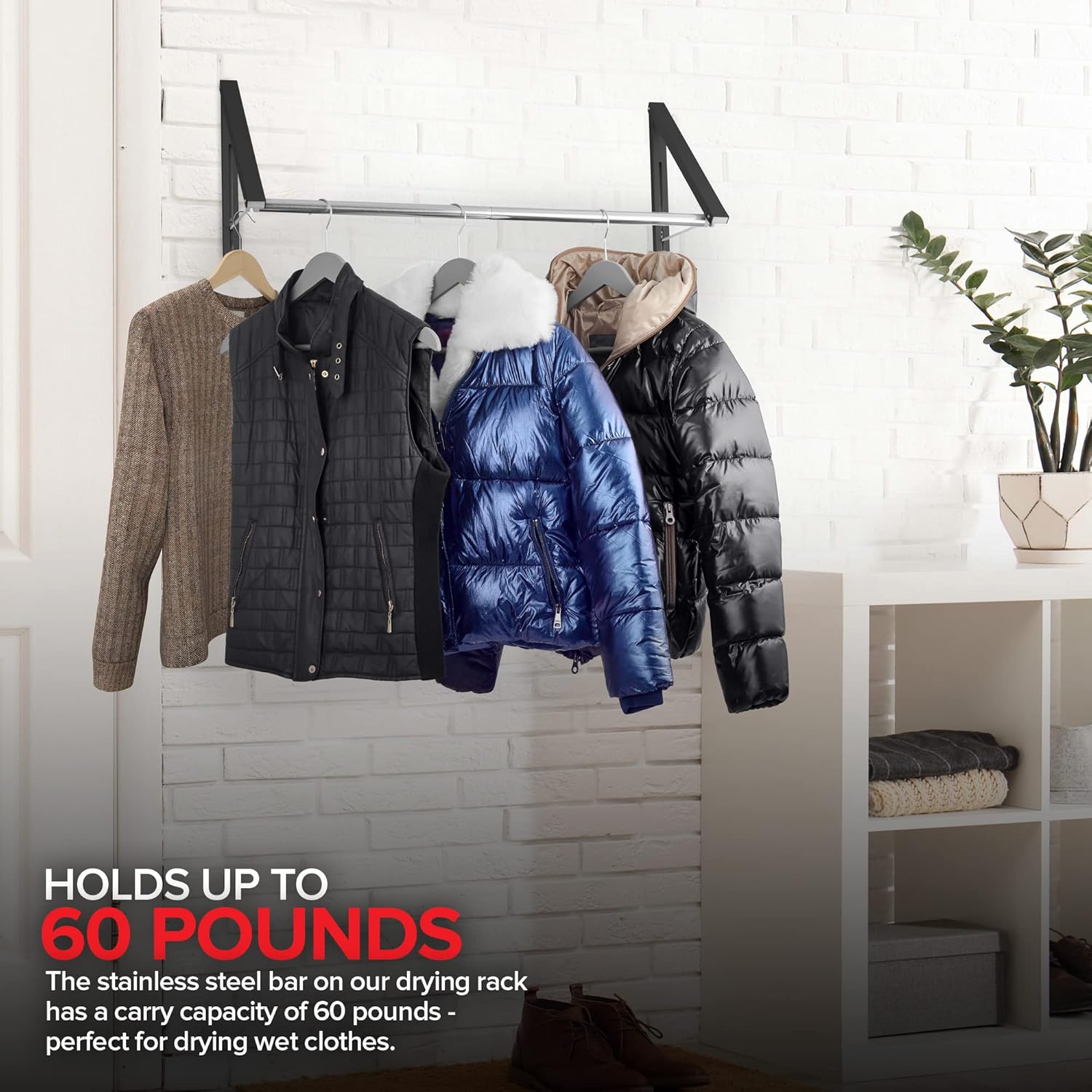 Double Foldable Clothing Rack w/ Extension Rod, Wall-Mounted Retractable Clothes Hanger for Laundry Dryer Room, Hanging Drying Rod, Small Collapsible Folding Garment Racks, Dorm Accessories (Black)