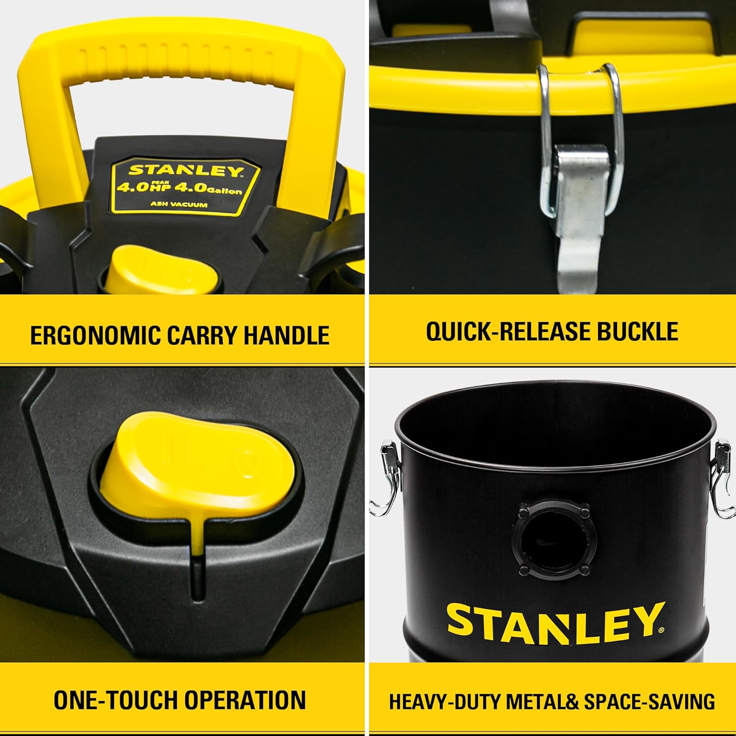 STANLEY Ash Vacuum Cleaner 4 Gallon with 4 HP Powerful Motor Suction, Stainless Steel Shop Vacuum Portable Ash Canister for Pellet Grill, Wood Stoves, BBQ Grills, Fireplaces & Fire Pits