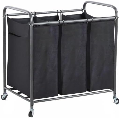 STO STO Laundry Sorter 3 Section, 3 Bag Clothes Hamper, Rolling Laundry Cart Basket with Heavy Duty Lockable Wheels and Removable Bag for Laundry Room, Bedroom, Closet, Black