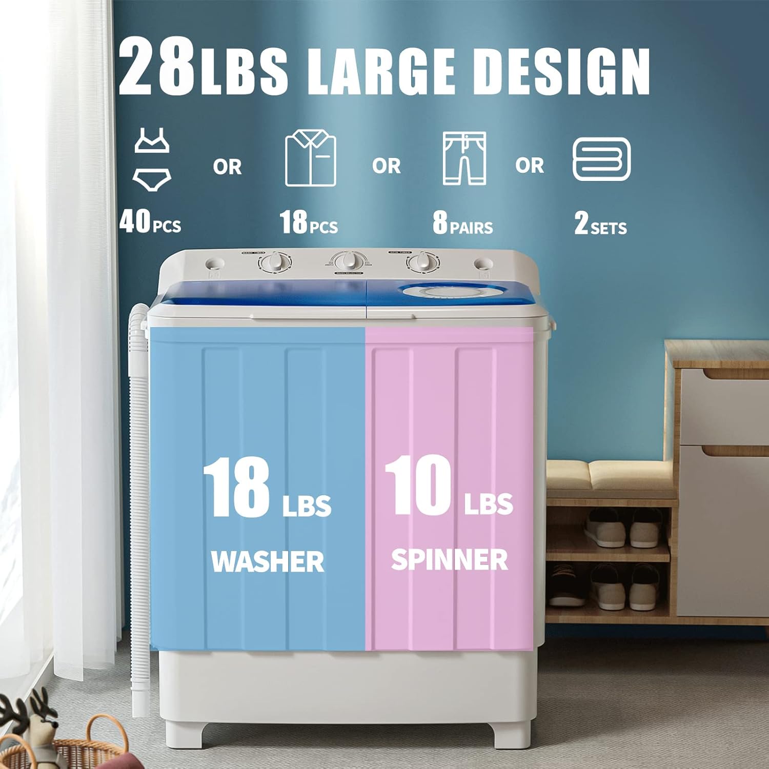 VCJ Portable Washing Machine, Twin Tub Washing Machine Laundry Compact Washer spinner Combo with 28lbs capacity, 18Lbs Washer and 10Lbs Spinner dryer for Apartments RVs and Dorms