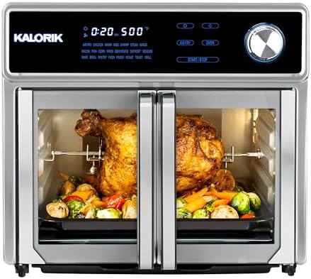 Kalorik Air Fryer Oven Grill MAXX Series 26-Quart with Smokeless Sear Technology Digital Controls Easy-View Door and 22 Smart Cooking Presets, Includes Cooking Accessories, 1700-Watts, Stainless Steel