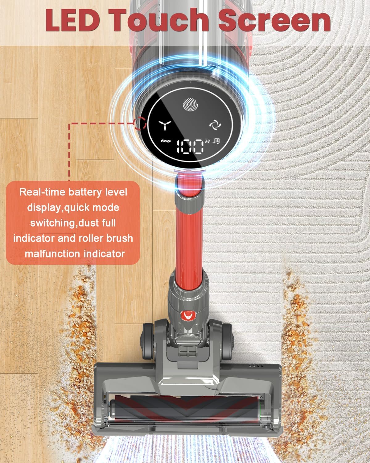 Cordless Vacuum Cleaners for Home,500W/40Kpa Powerful Suction Stick Vacuum Cordless Rechargeable LED Display 40min Runtime 6-in-1 Upright Vacuum Cleaner Hardwood Floor Pet Hair Carpet Tile