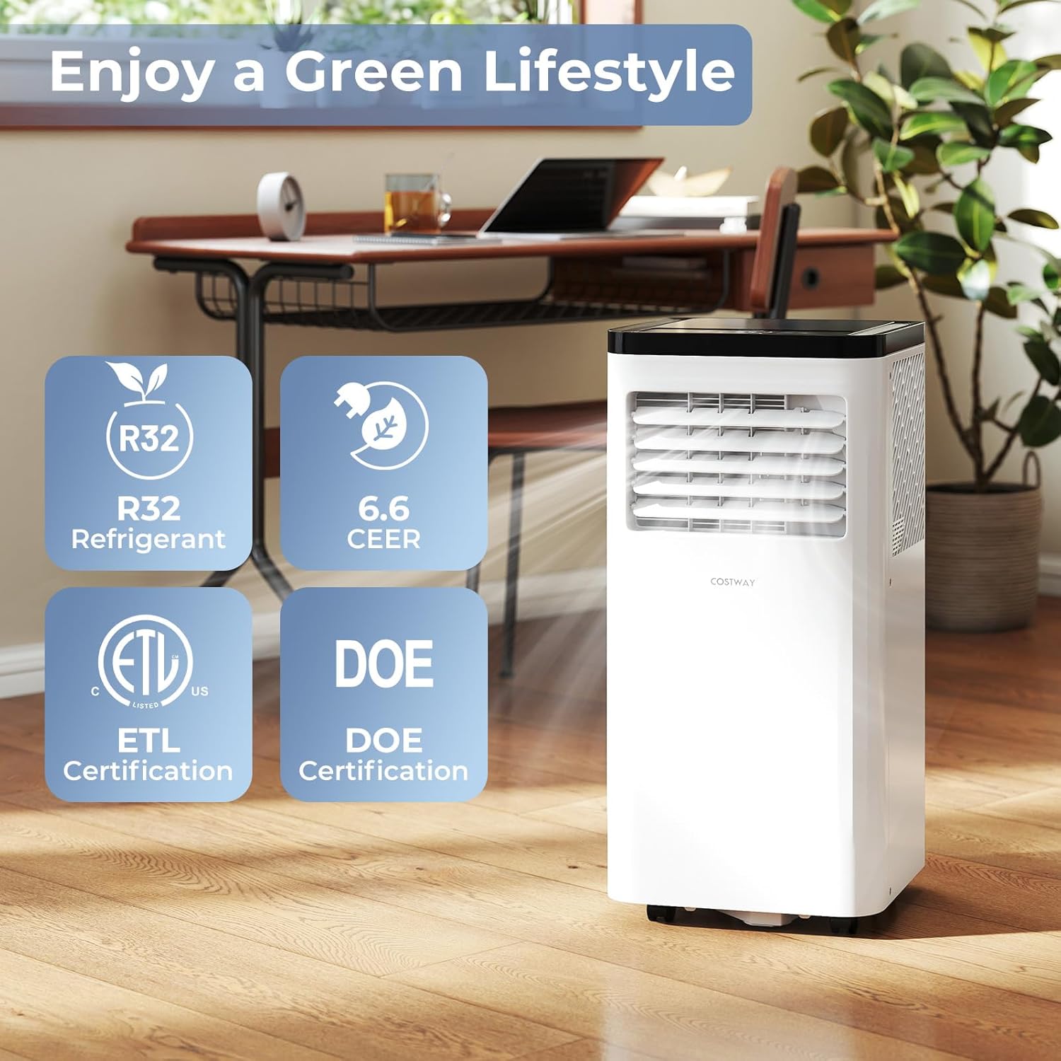 COSTWAY 10000 BTU Portable Air Conditioner, 3 in 1 AC Unit w/Sleep Mode, 24H Timer, LED Display, Remote Control & Window Kit, Energy-saving Air Cooler for Rooms up to 450 Sq.Ft (10000 BTU)