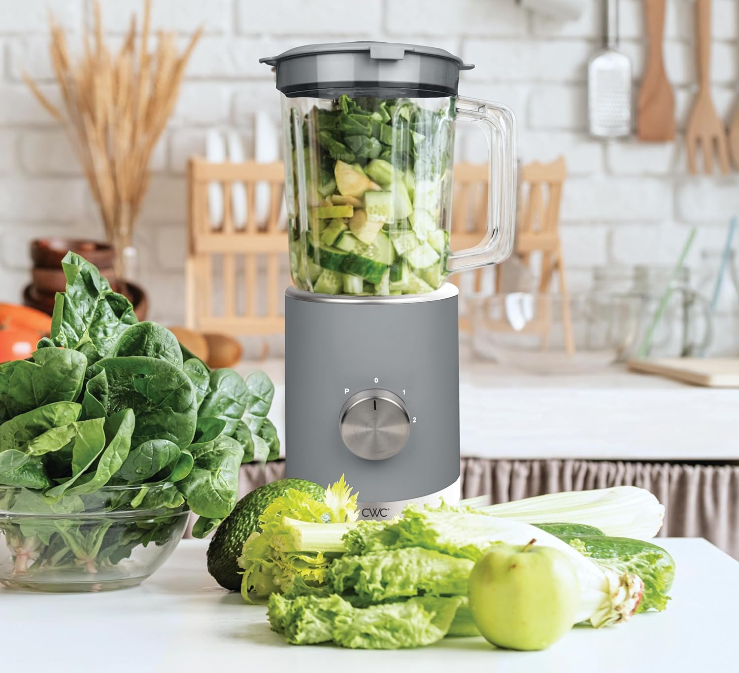 COOK WITH COLOR 300 Watt Blender: Powerful 2-Speed Control with Pulse, 4-Tip Stainless Steel Blades, 25oz (750ml) Jar, and Skid-Resistant Feet, Grey