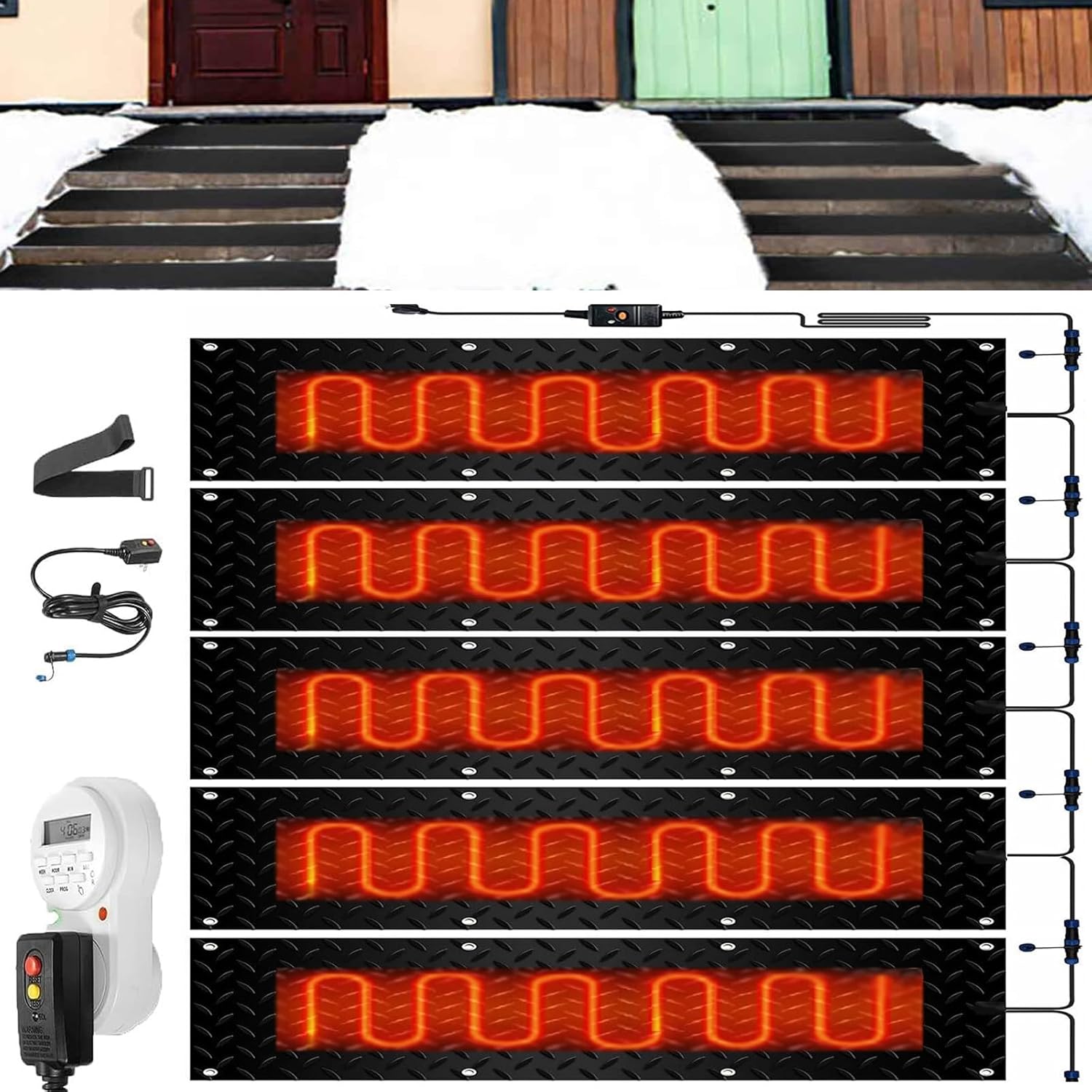 Heated Snow Melting Mats with Timer, 1/2/3/4/5 Pcs Snowmelt Heated Walkway Mats,Non-Slip Electric Heated Foot Mats Rubber Heated Mats for Narrow Walkways Garages(5 Pcs,10x48in/(25.4x120cm))