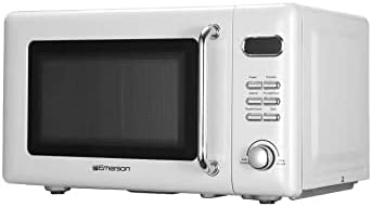 Emerson MWR7020W Compact Countertop Microwave Oven with Button Control, LED Display, 700W 5 Power Levels, 8 Auto Menus, Glass Turntable and Child Safe Lock, 0.7, Retro White