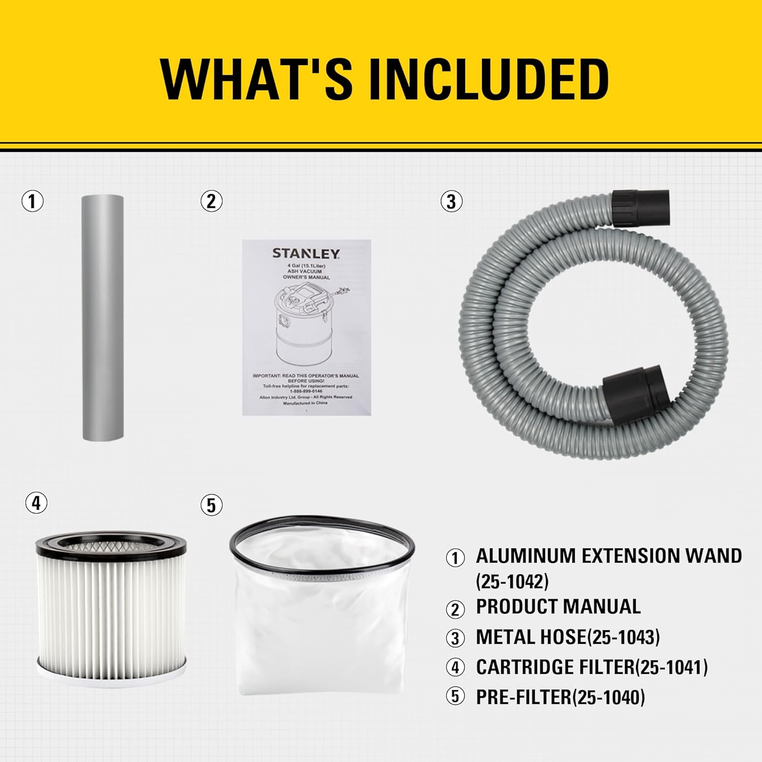 STANLEY Ash Vacuum Cleaner 4 Gallon with 4 HP Powerful Motor Suction, Stainless Steel Shop Vacuum Portable Ash Canister for Pellet Grill, Wood Stoves, BBQ Grills, Fireplaces & Fire Pits