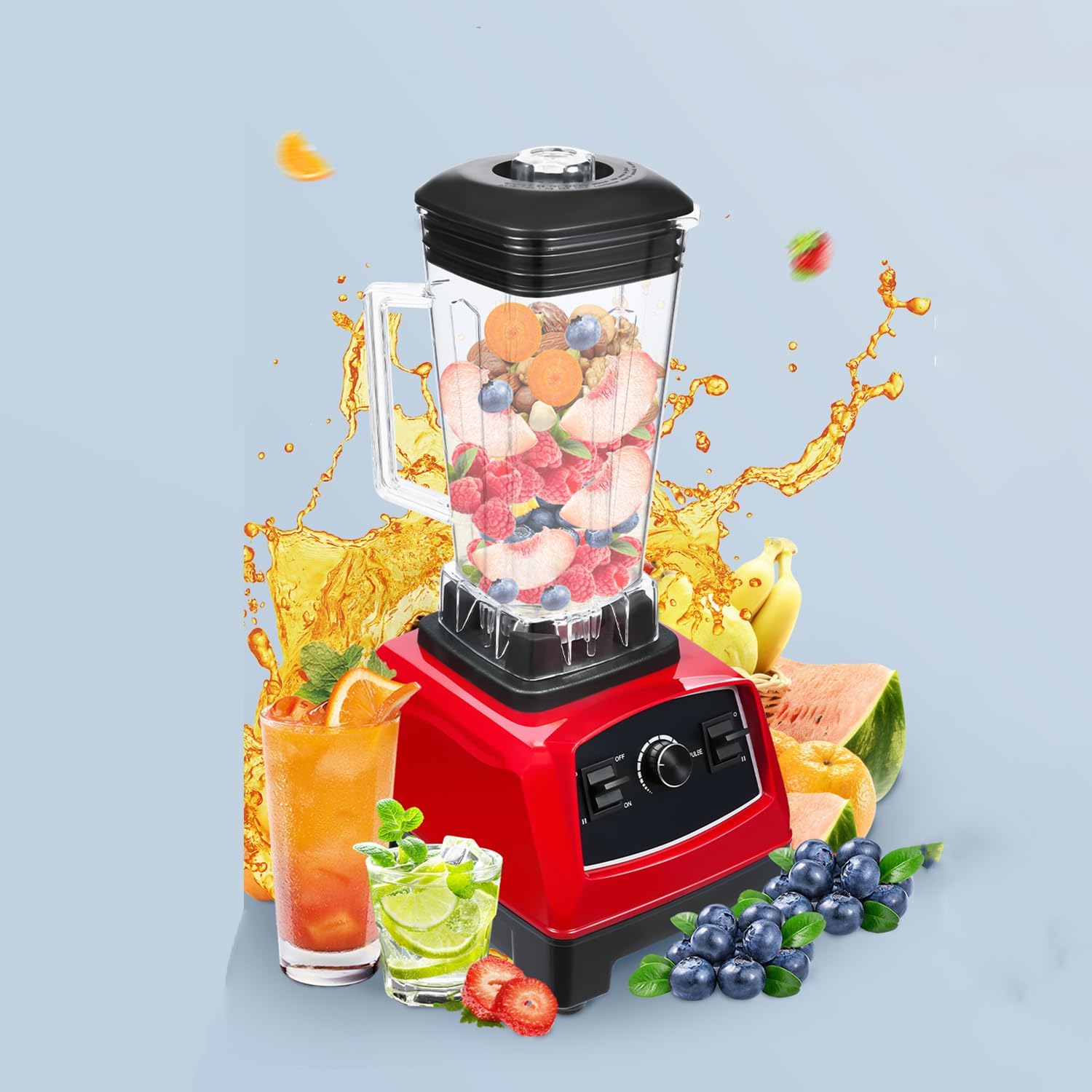 2200W 110V Professional Power Blender,Countertop Smoothie Mixer, 2L Heavy Duty Blender,Juicer,Adjustable Speed Food Fruit Ice Crushing Machine for Home Bar Restaurant Hotel Cafe,Red