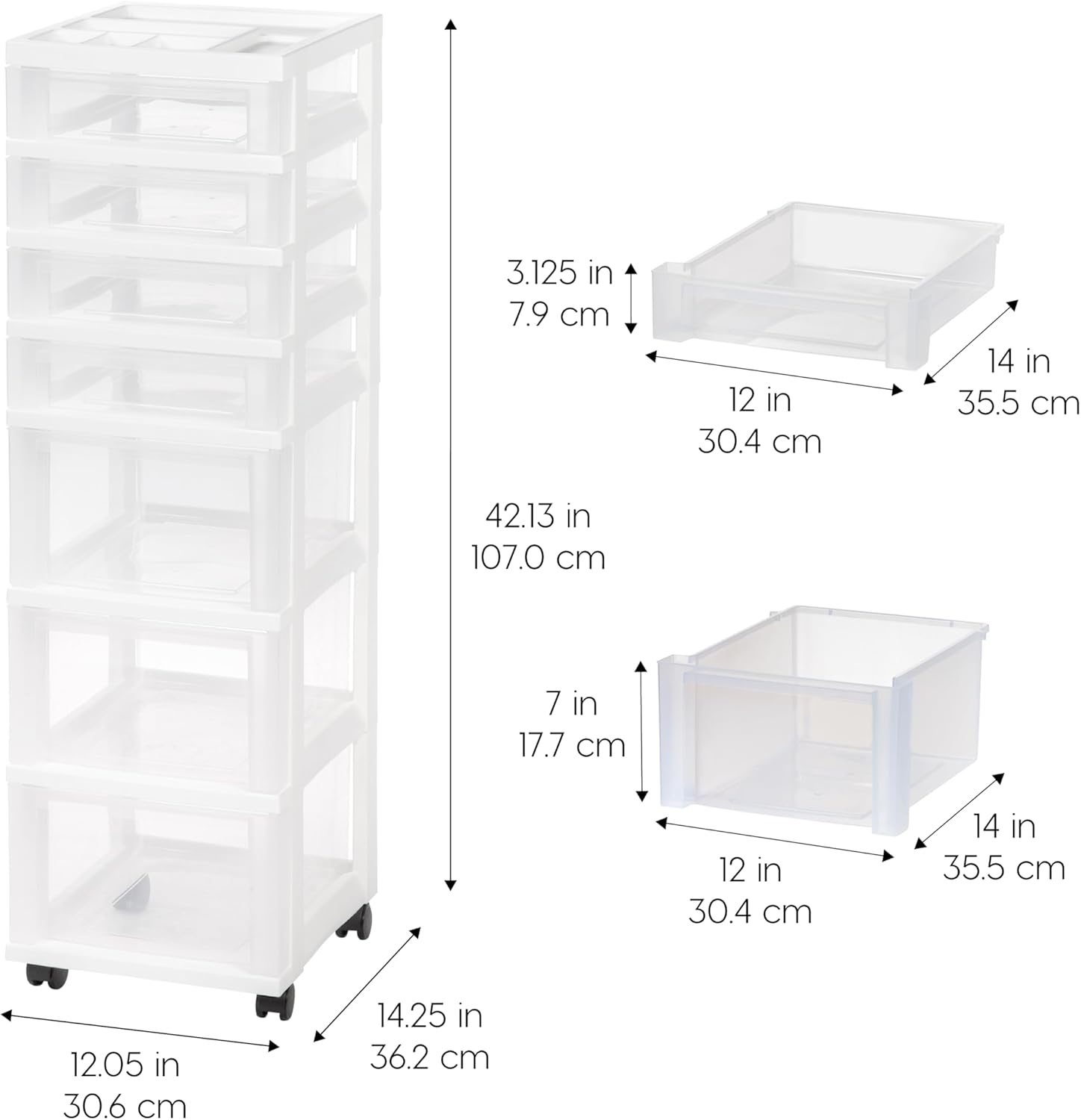 IRIS USA Plastic Drawer Storage Organizer Rolling Cart, with Wheels Casters, 7-Drawers, for Art Craft Supplies Bathroom Dorm Bedroom Laundry Room, White/Clear