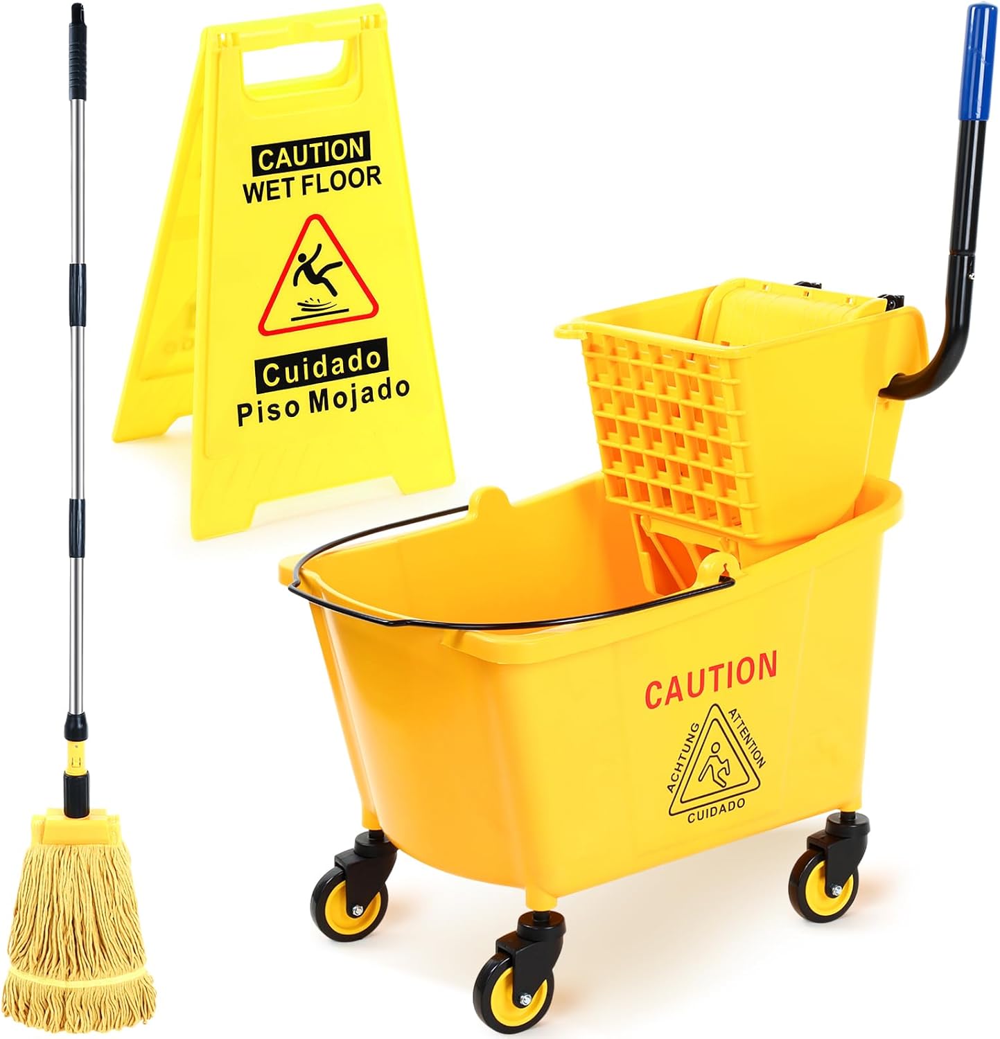 Maxdot 35 Quart Commercial Mop Bucket with Side Press Wringer on Wheels Yellow Industrial Mop and Bucket Set with Caution Sign for Floor Cleaning