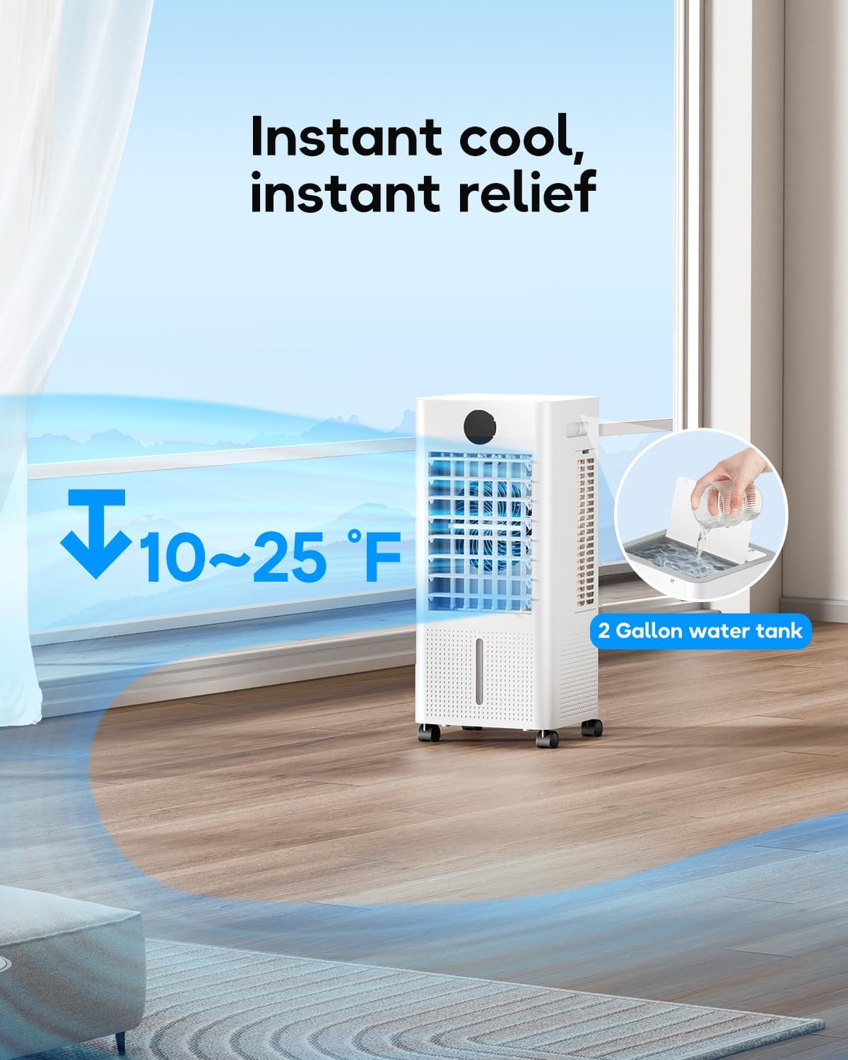 Portable Air Conditioner, Evaporative Air Cooler Windowless with Remote, 3 Speeds, 12H Timer, Oscillating Swamp Cooler for Bedroom, Living Room, White