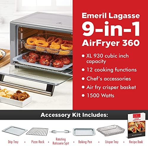 Emeril Lagasse Everyday 360 Stainless Steel Air Fryer, 360° Quick Cook Technology, XL capacity, 9-in-1, 12 Pre-Set Cooking Functions including Bake, Rotisserie, Broil, Pizza, Slow Cook, Toaster