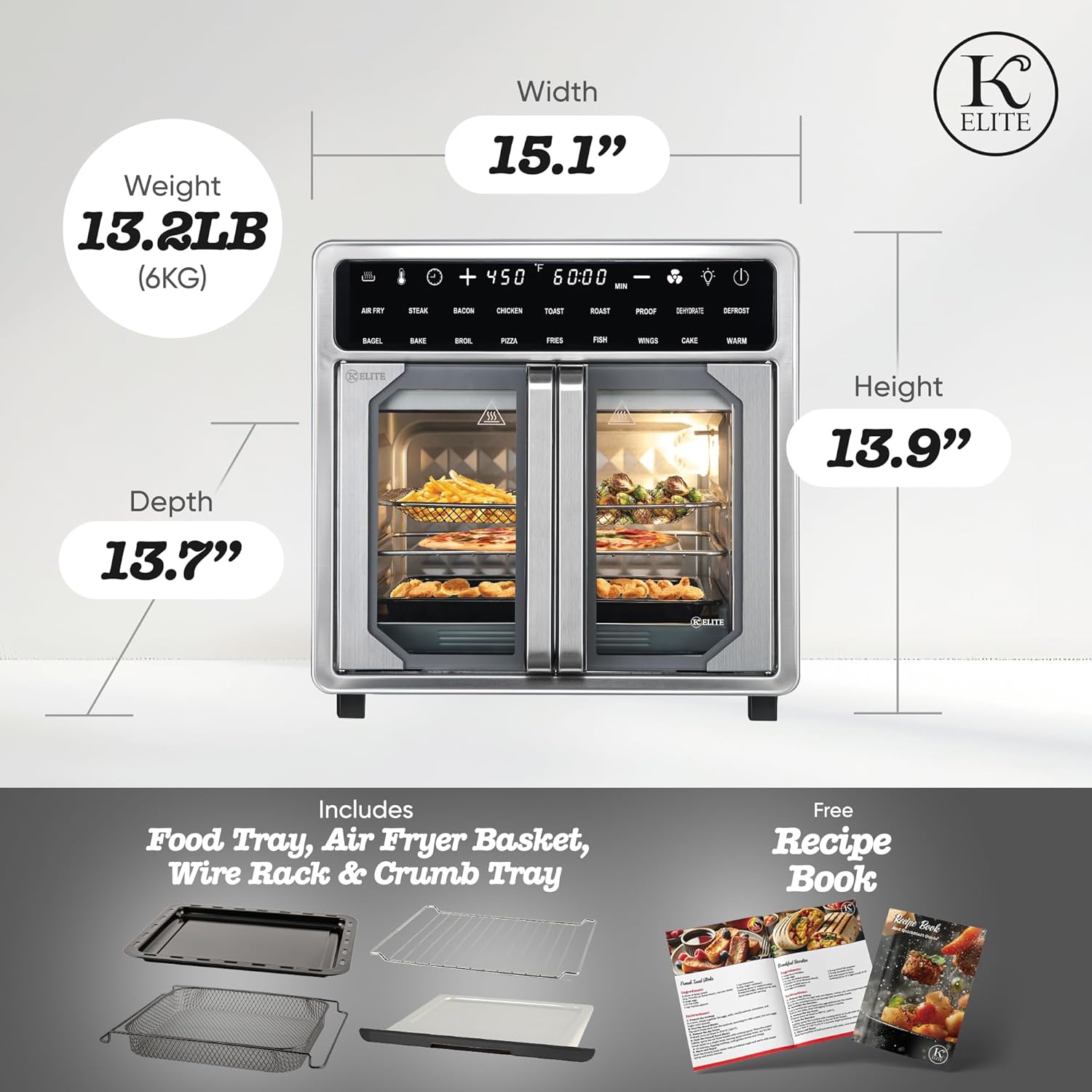 Kitchen Elite 16 Quart French Door Air Fryer Oven – Family Size Countertop Convection Cooker with LED Display, Stainless Steel