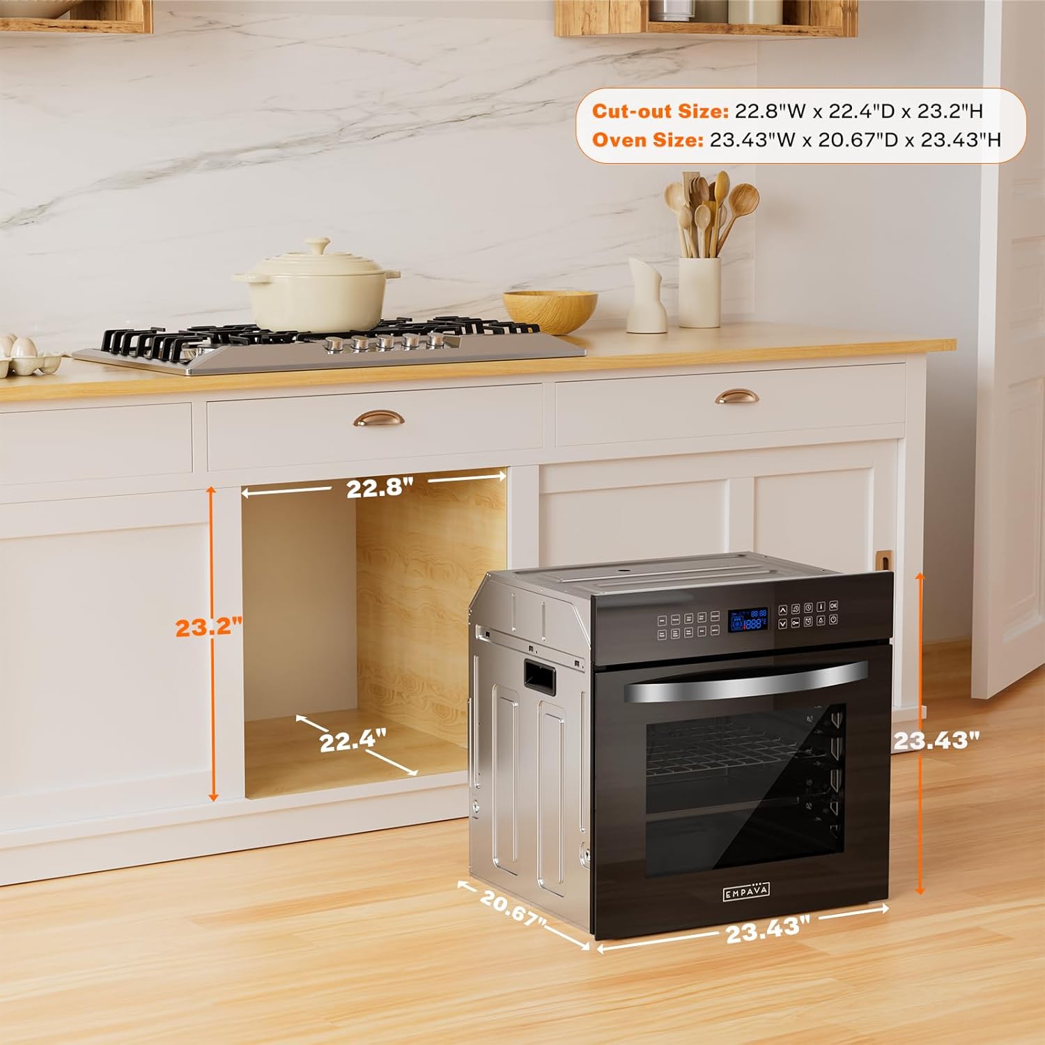 Empava 24 Inch Electric Single Wall Oven with 10 Cooking Modes, Convection Fan and Rotisserie, Screen Touch Control, Black Glass Door