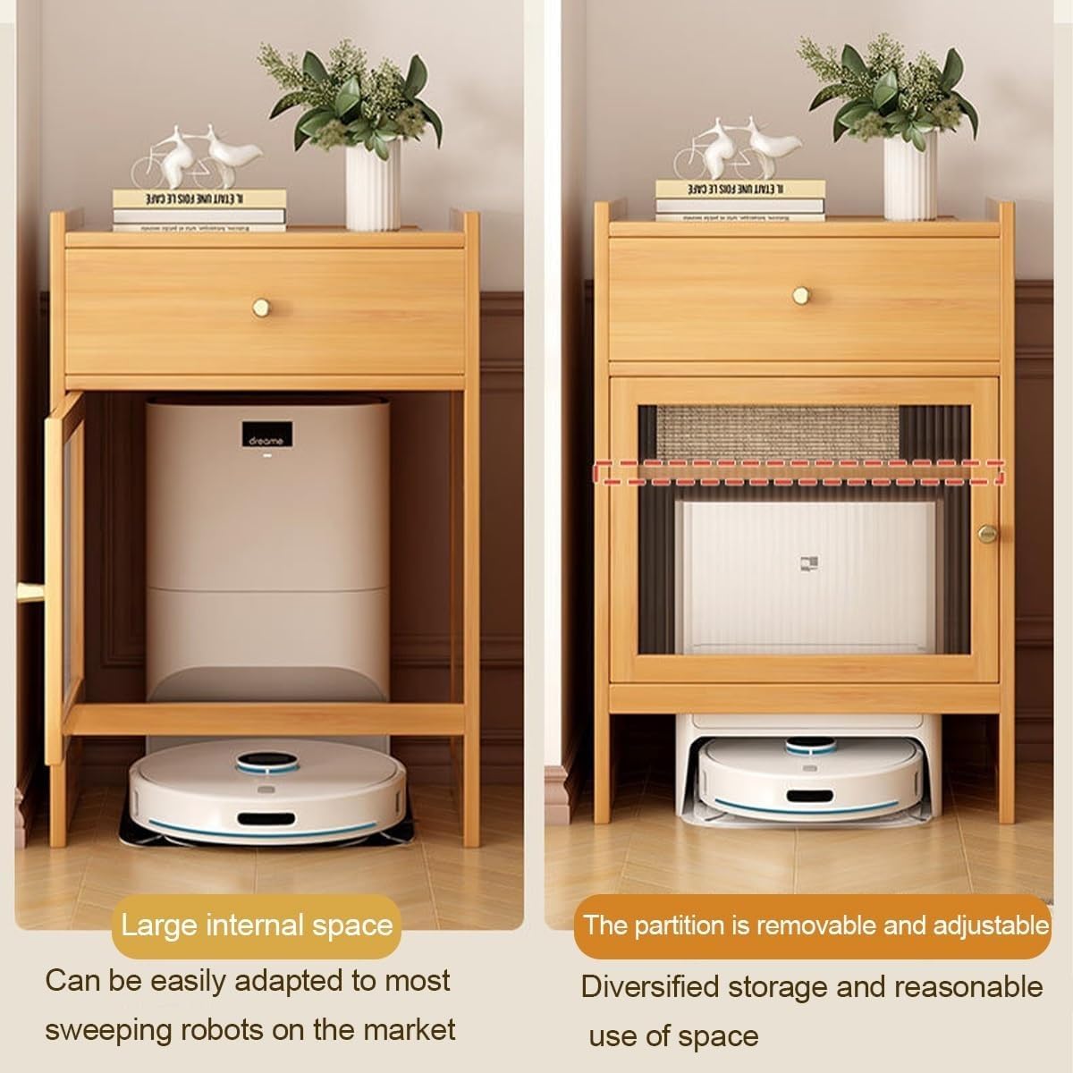 Robot Vacuum Cabinet Robot Vacuum Storage Rack Bamboo Freestanding End Table for Living Room, Home, Office, Entrance, Corridor(Natural)