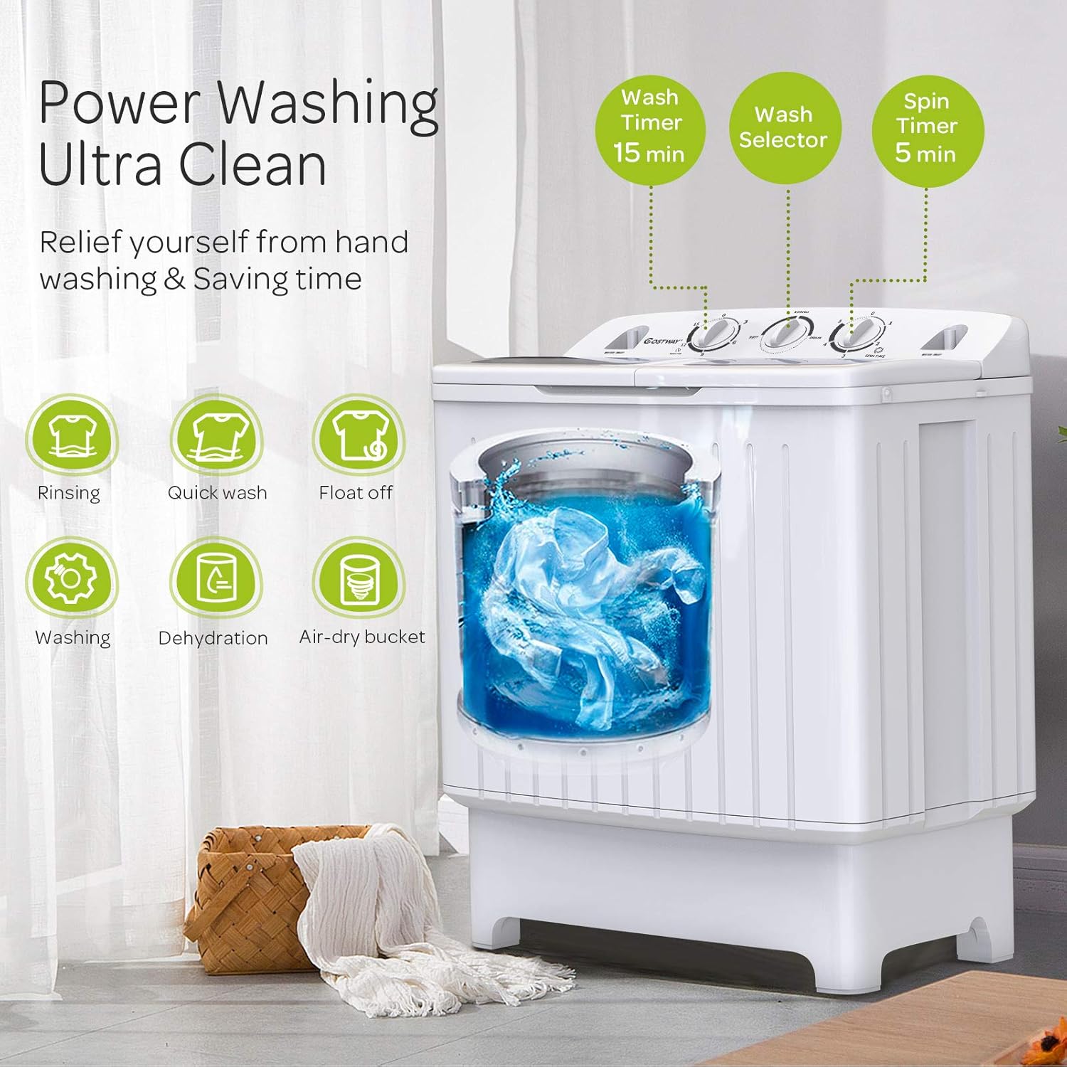 LDAILY Portable Washing Machine, 20lbs Compact Twin Tub Washer and Spinner with Drain Pump and Deep Cleaning, Mini Laundry Washing Spinning Combo for Apartment, RV, Dorm, Camping (White & Blue)