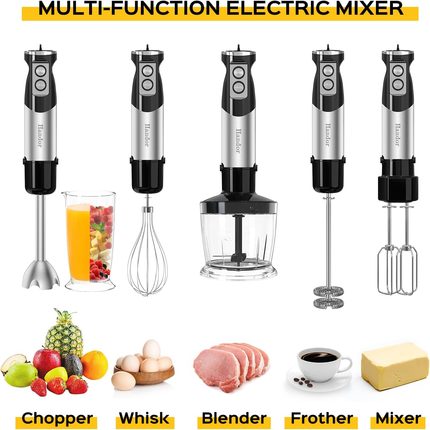 1000W 6-in-1 Immersion Blender Handheld, 12 Speed Hand Blender with 600ml Mixing Beaker, 500ml Chopper, 304 Stainless Steel Blades, Whisk, Milk Frother For Soup, Smoothie, Sauce, Pureel