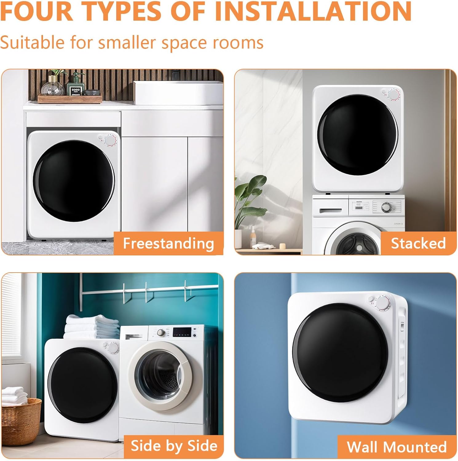 1.5 cu.ft Portable Clothes Dryer, 800W Compact Machine with Stainless Steel Tub, 5 Modes Auto Stop & Easy Control, Ideal for Laundry, Apartments, Dorms, RVs, White