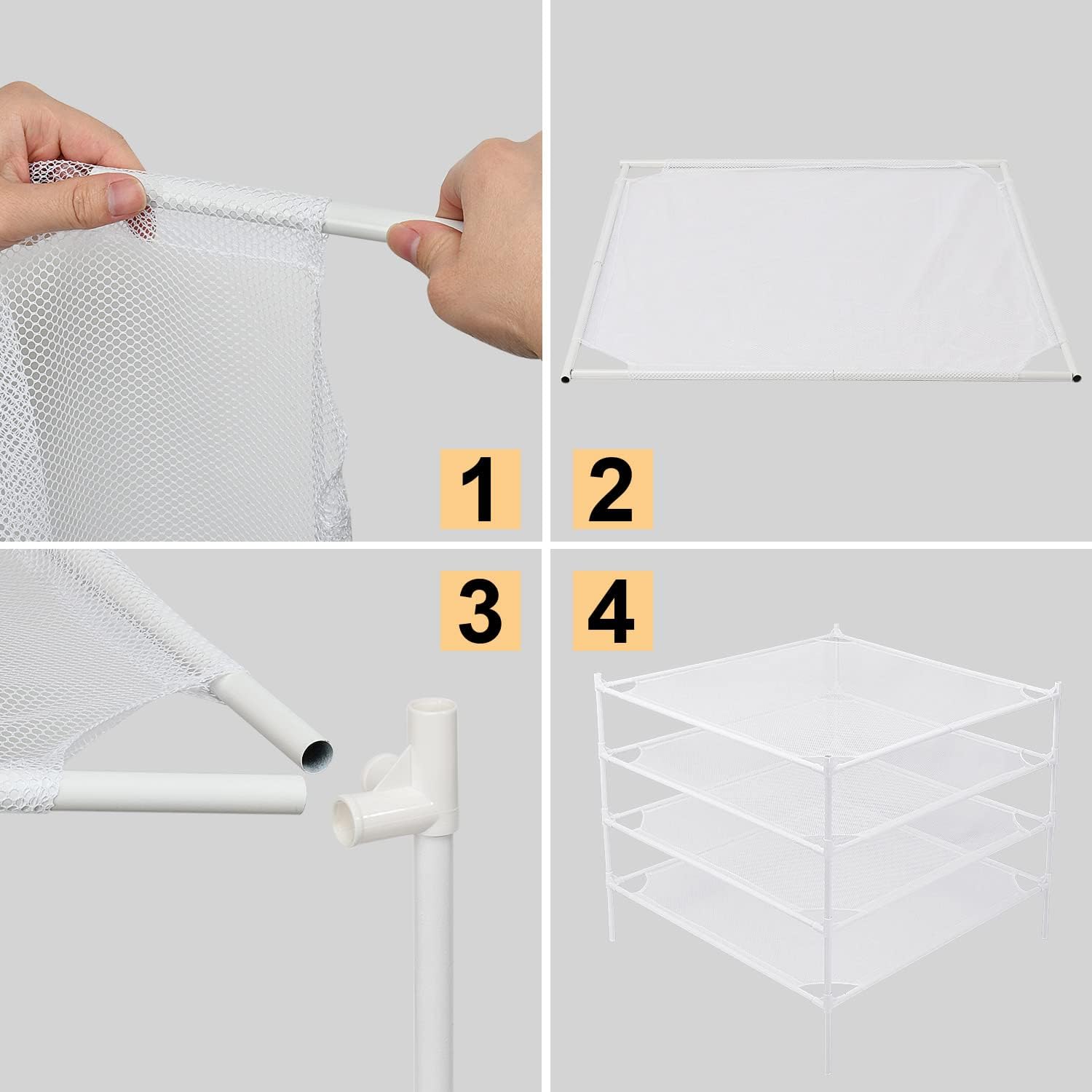 Sweater Drying Rack Flat, Metal Tube Mesh Clothes Drying Rack for Laundry with Rubber Feet, Stackable Laundry Clothing Dryer Rack for Art, Clothes, Indoor & Outdoor, White, 4-Layer