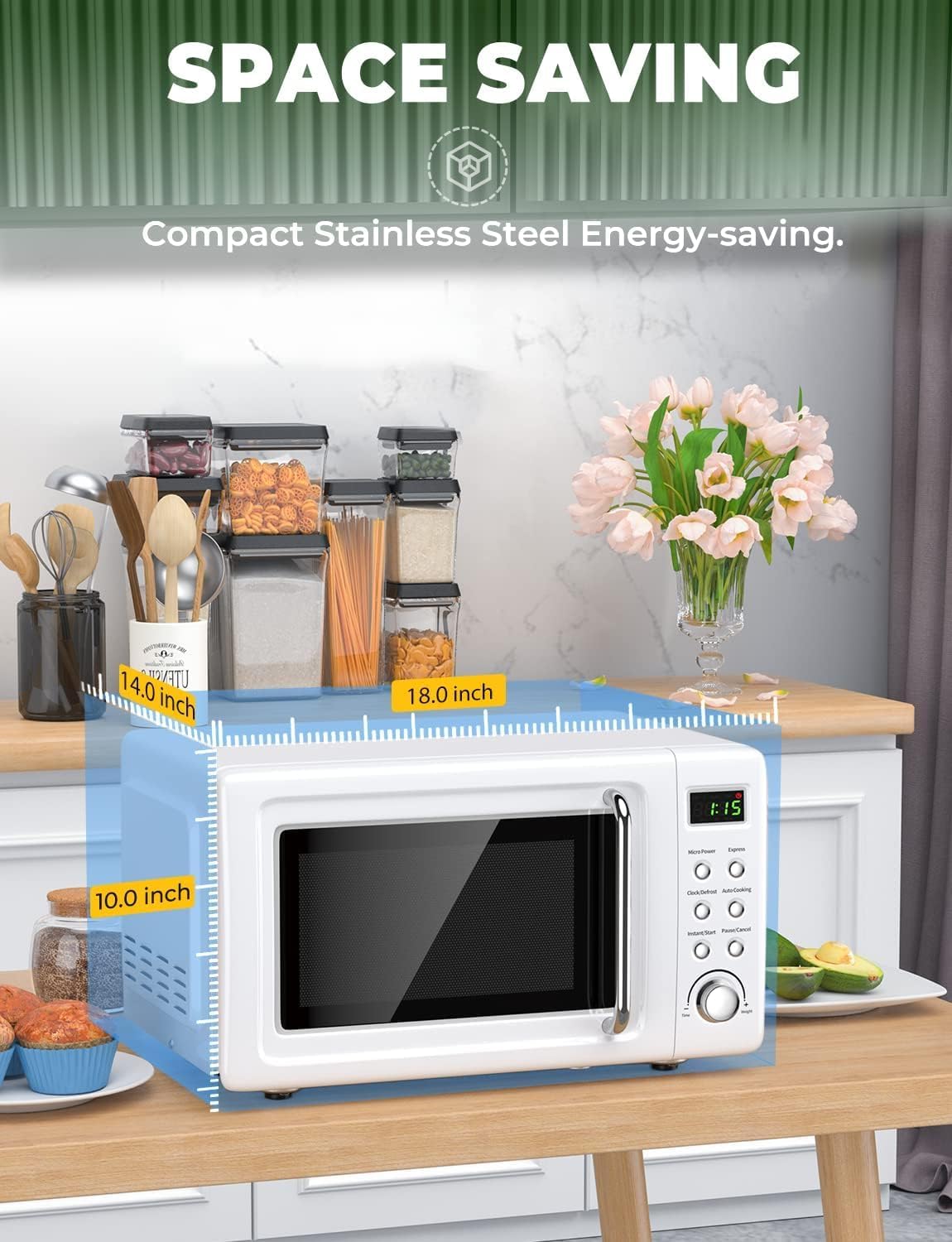 Retro Microwave Oven, 0.7cu.ft Countertop Microwave with Removable Turnable & Child Lock, Small Compact Microwaves w/8 Auto-cooking Set, Defrost, 5 Micro Power & Timer, 700W, White