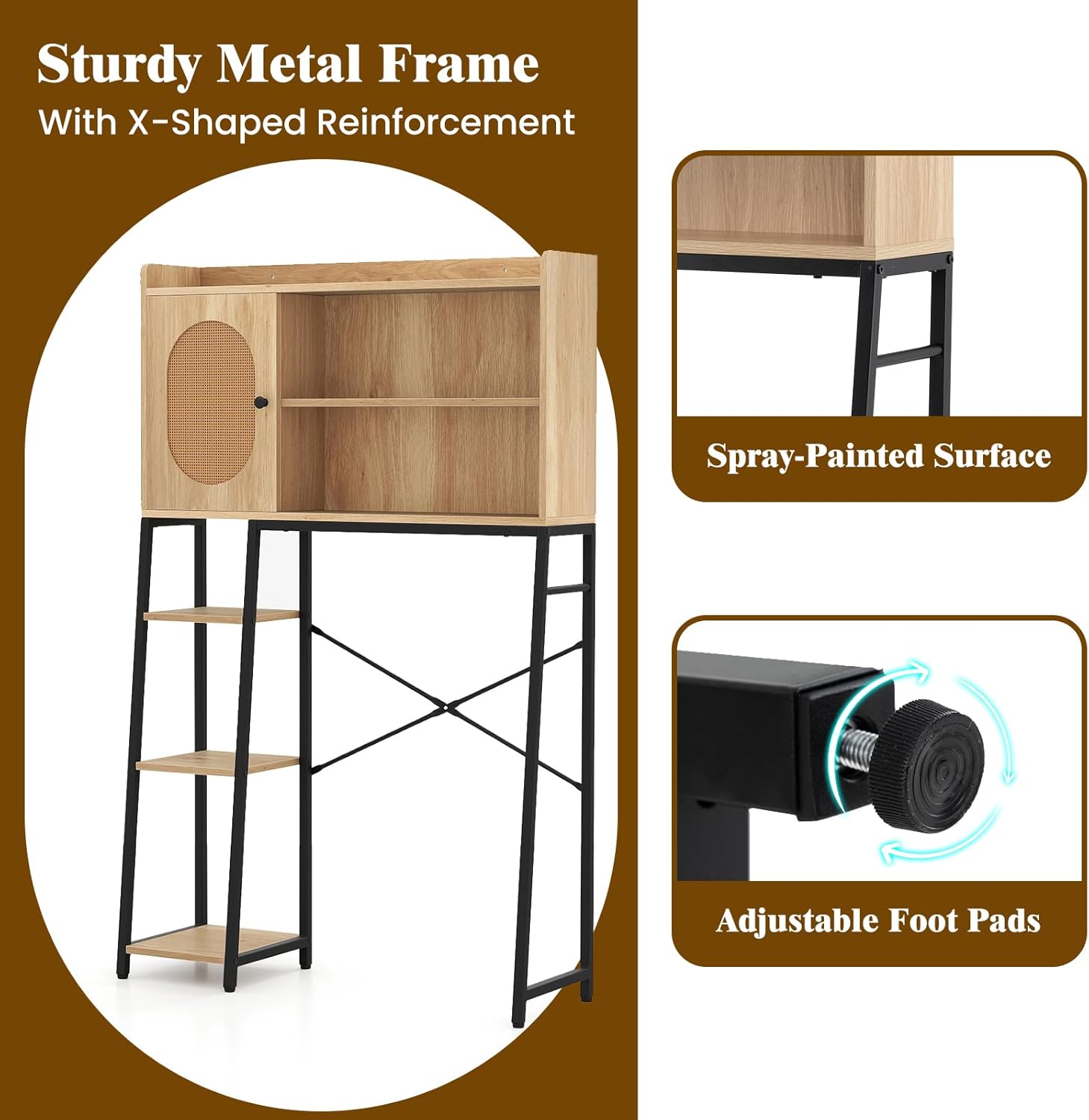 Giantex Over The Toilet Storage Cabinet with Rattan Door, Freestanding Space Saver Rack Above Toilet with Metal Stand, Adjustable Shelf, Over Toilet Bathroom Organizer for Restroom, Laundry