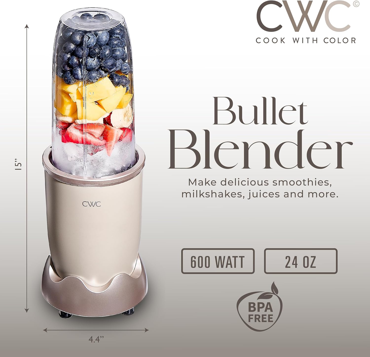 COOK WITH COLOR Personal Power Blender 600W, 24oz Capacity, BPA-Free Jar, Ice-Crushing Blades, Ideal for Smoothies & More, Anti-Slip Feet, Easy to Clean, Greige