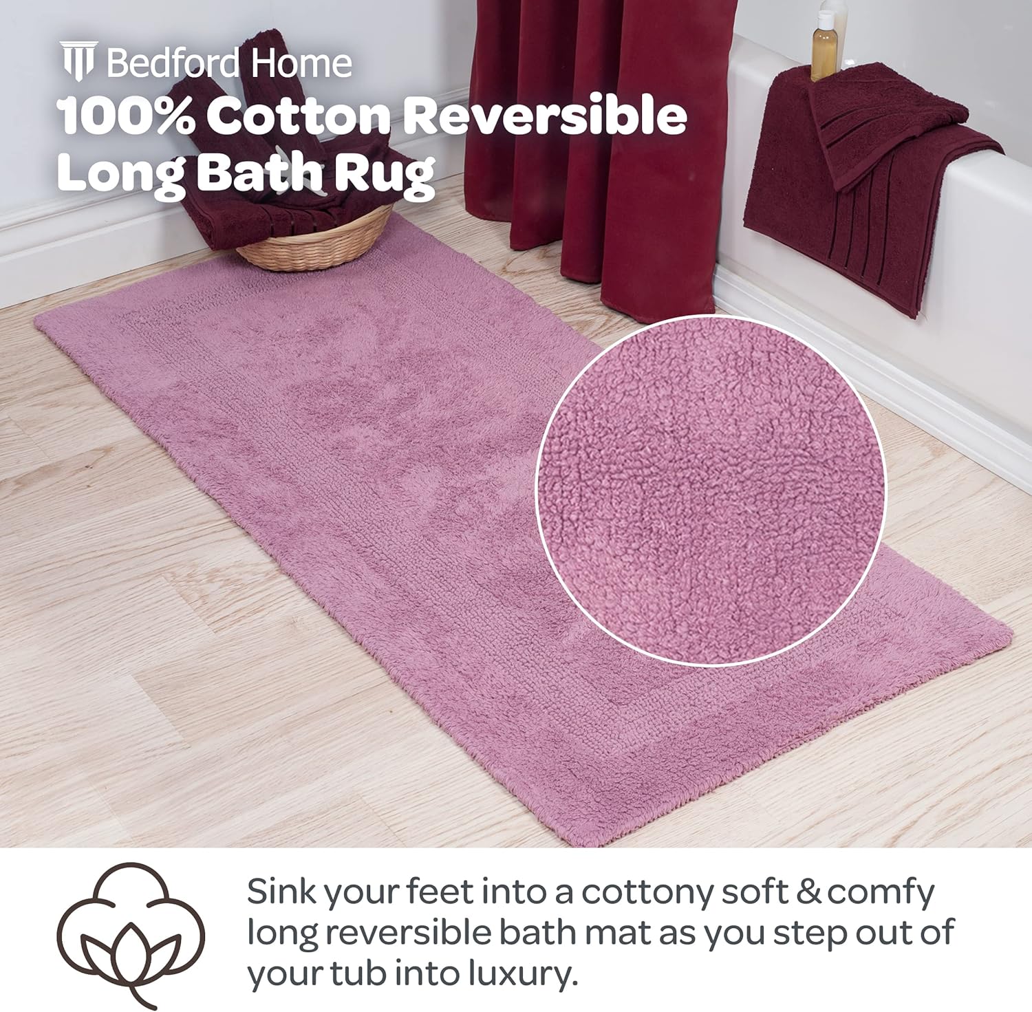 Bedford Home Reversible Long Bath Mat - 60x24-Inch Plush Cotton Bathroom Runner - Machine Washable Bath Mats for Bathroom, Kitchen, or Laundry Room (Pink)