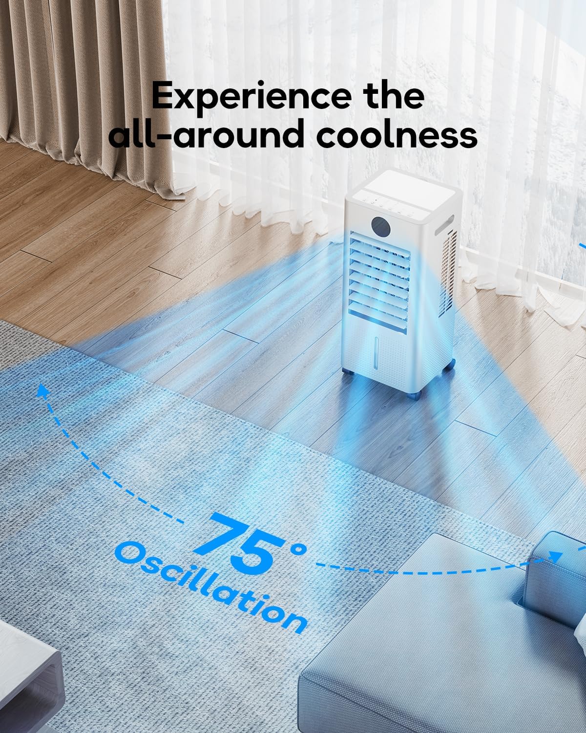 Portable Air Conditioner, Evaporative Air Cooler Windowless with Remote, 3 Speeds, 12H Timer, Oscillating Swamp Cooler for Bedroom, Living Room, White