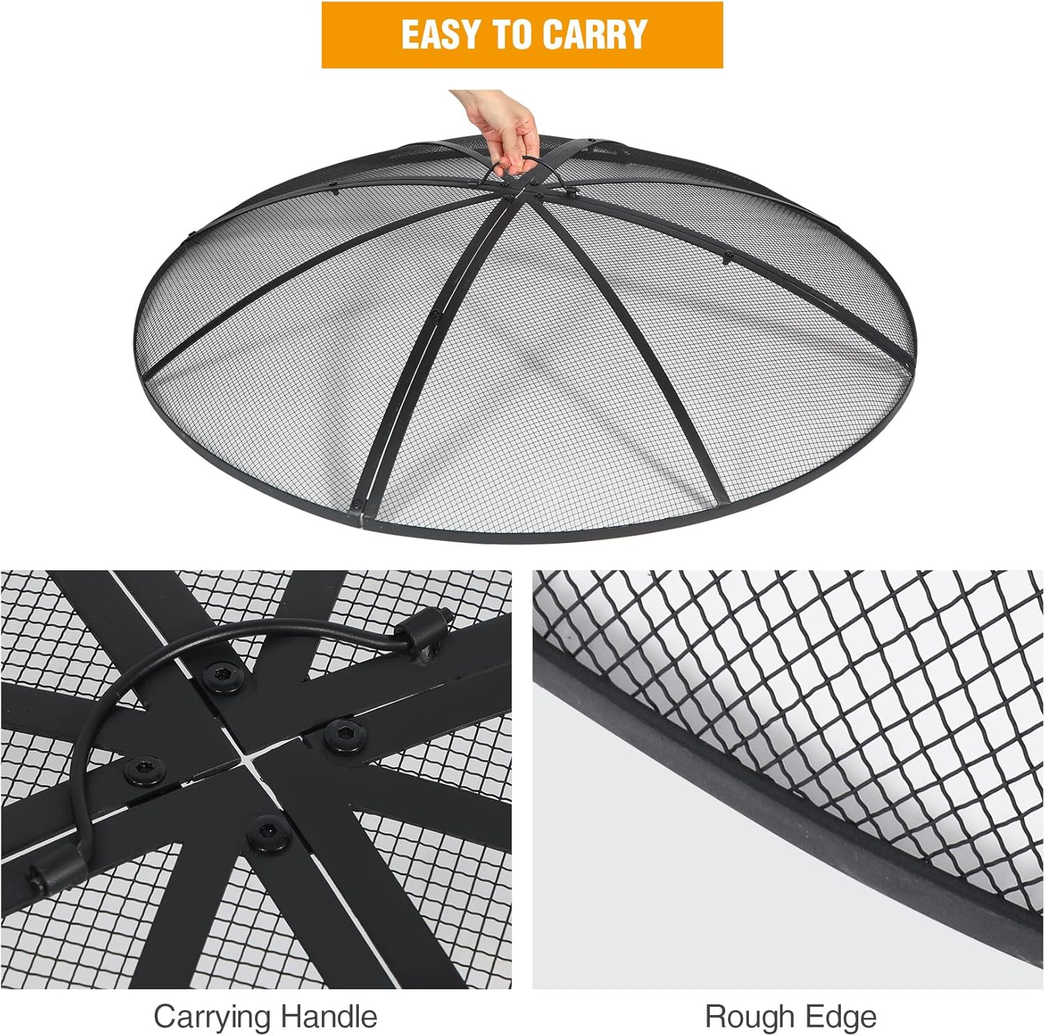 Lineslife Fire Pit Spark Screen 40 Inch Cover Round, Heavy Duty Collapsible Outdoor Fire Pit Mesh Screen, Metal Fire Pits Top Lid with Ring Handle for Patio Backyard, Black