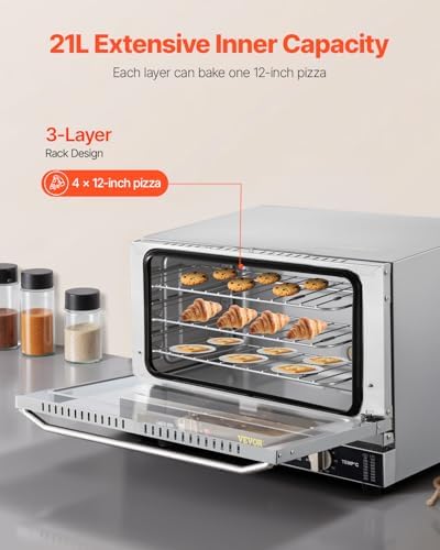 VEVOR Commercial Convection Oven, 21L/19Qt, Quarter-Size Conventional Oven Countertop, 1440W 3-Tier Toaster w/Front Glass Door, Electric Baking Oven w/Trays Wire Racks Clip Gloves, 120V