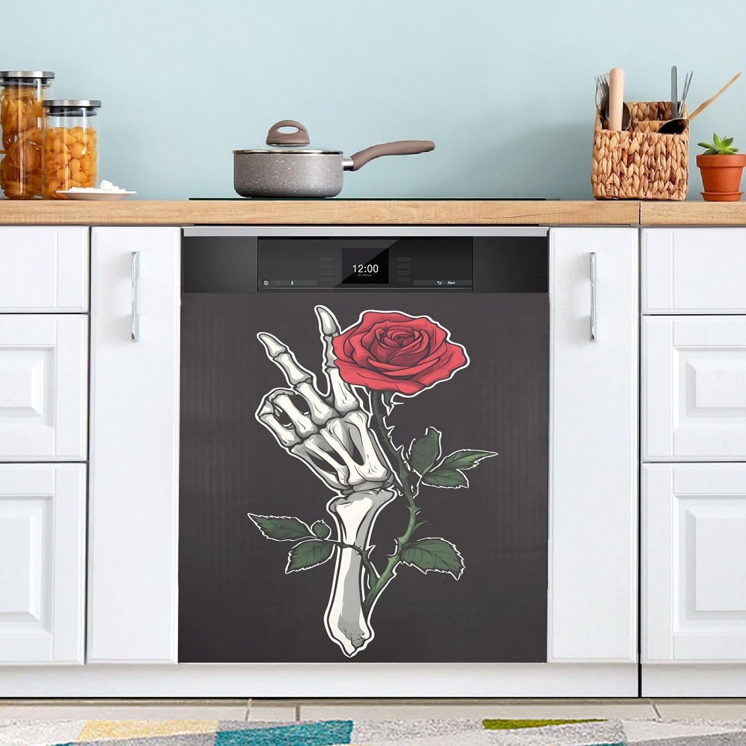 Dishwasher Magnet Cover Large Magnetic Stickers Skull with Rose Front Dishwasher Cover Reusable Decal for Home Kitchen Anti-Scratch Refrigerator Decorative Lid Washing Machine Laundry 23