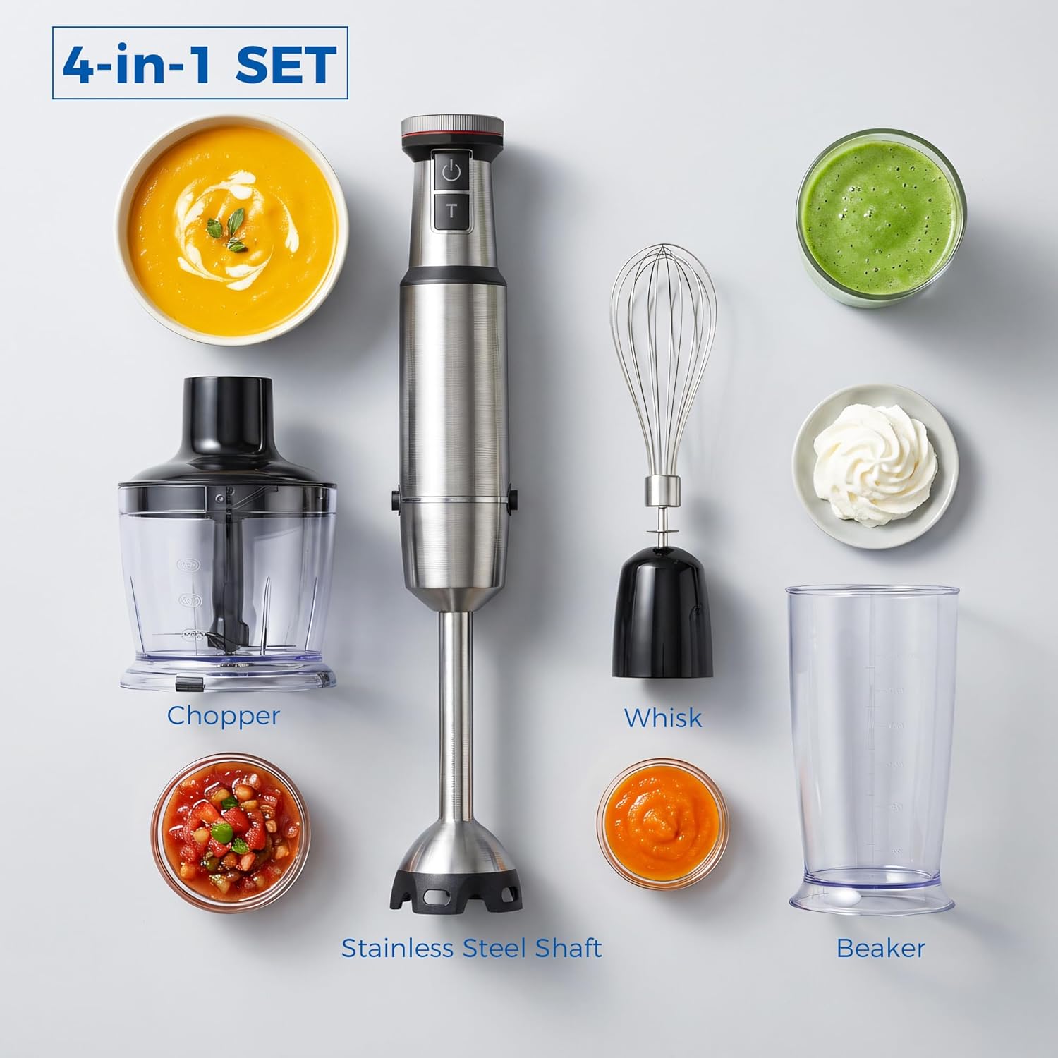 TALIA 4-in-1 Immersion Blender, Hand Blender with Stainless Steel Shaft, Variable Speed & Turbo, Dishwasher-Safe, for Soups, Smoothies, Baby Food, Puree & Shakes