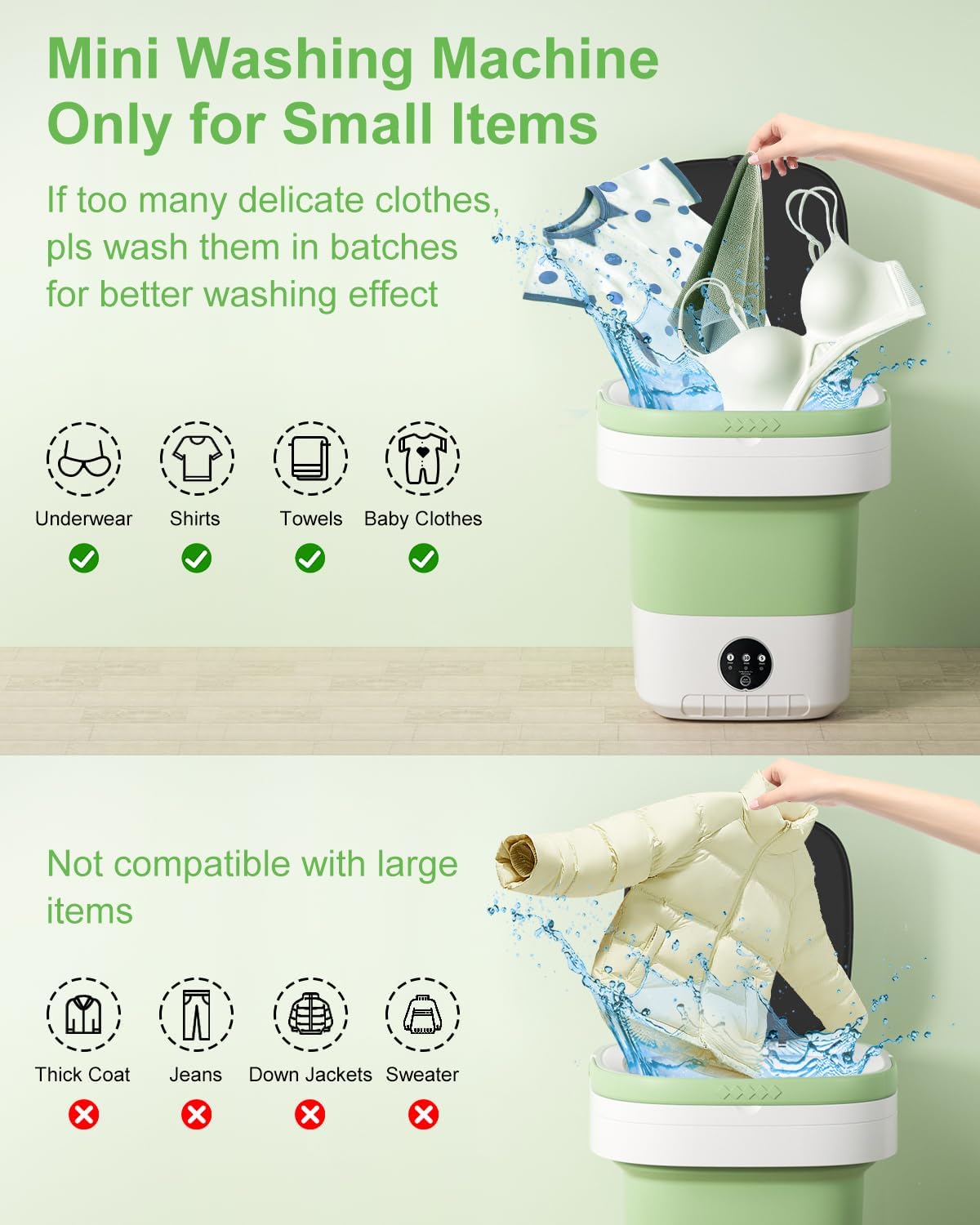 Portable Washing Machine, 16L Large Capacity Laundry Washer Cleaning for Underwear, Baby Clothes, Shirts,Small Delicates. Foldable Mini Washer and Dryer Combo for Apartment,Hotel,Camp,RV,Travel(Green)