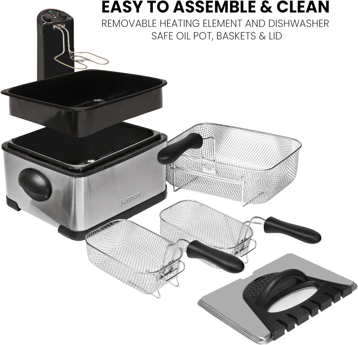 Kenmore Electric Deep Fryer - Grease & Odor Filtration, Simple Temperature Control, Eléctrica Freidoras For Home Use, 3 Baskets For Frying French Fries, Chicken Wing, 4 Liter Capacity Stainless Steel
