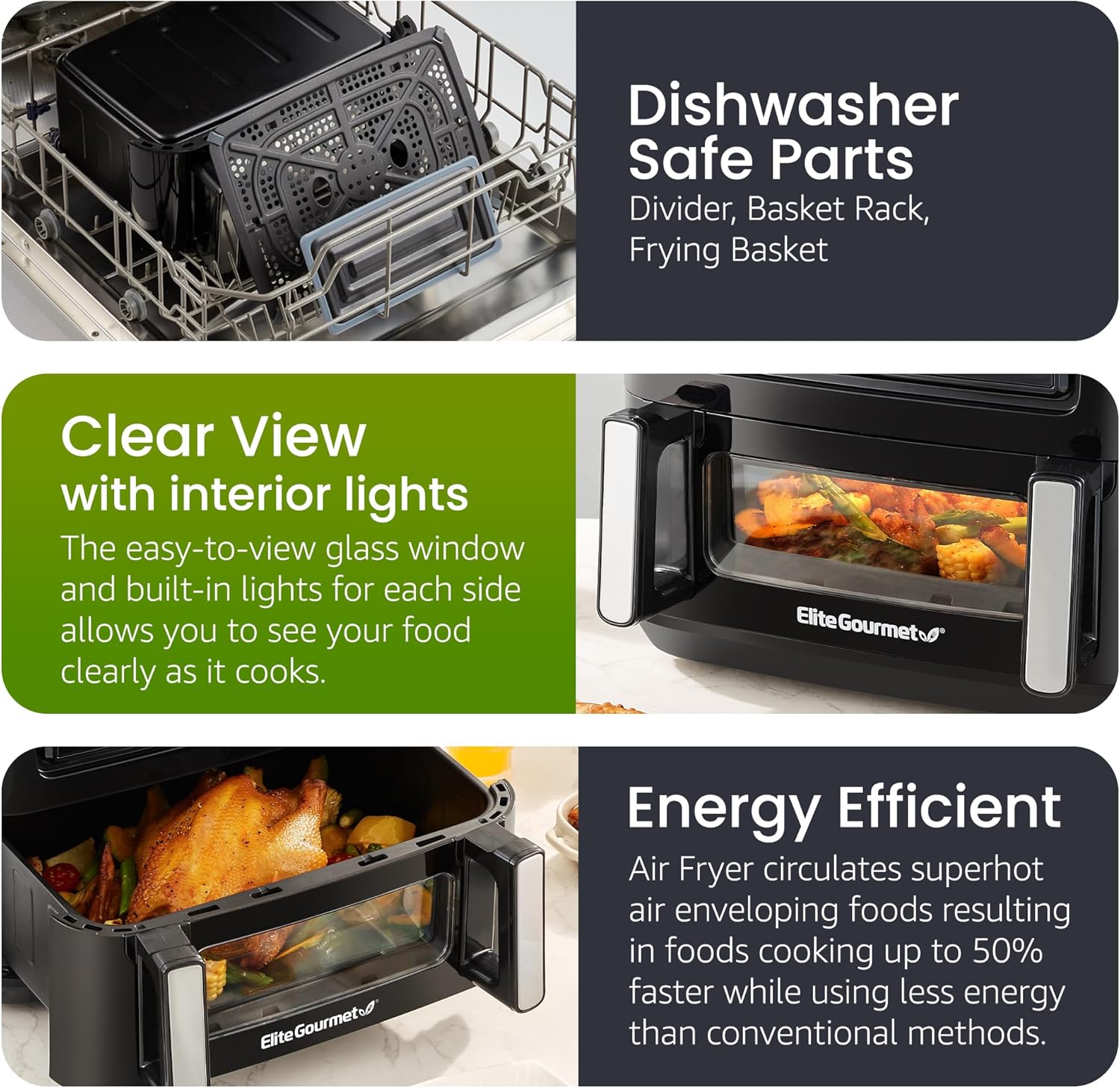 Elite Gourmet Dual Zone Air Fryer Oven, 11QT Capacity with Divider, PFAS Free Nonstick, SYNC FINISH, 10 Preset Functions, Bake, Roast, Broil, Air Fry, Toast, Dehydrate, 1600W, with 25 Recipes, Black