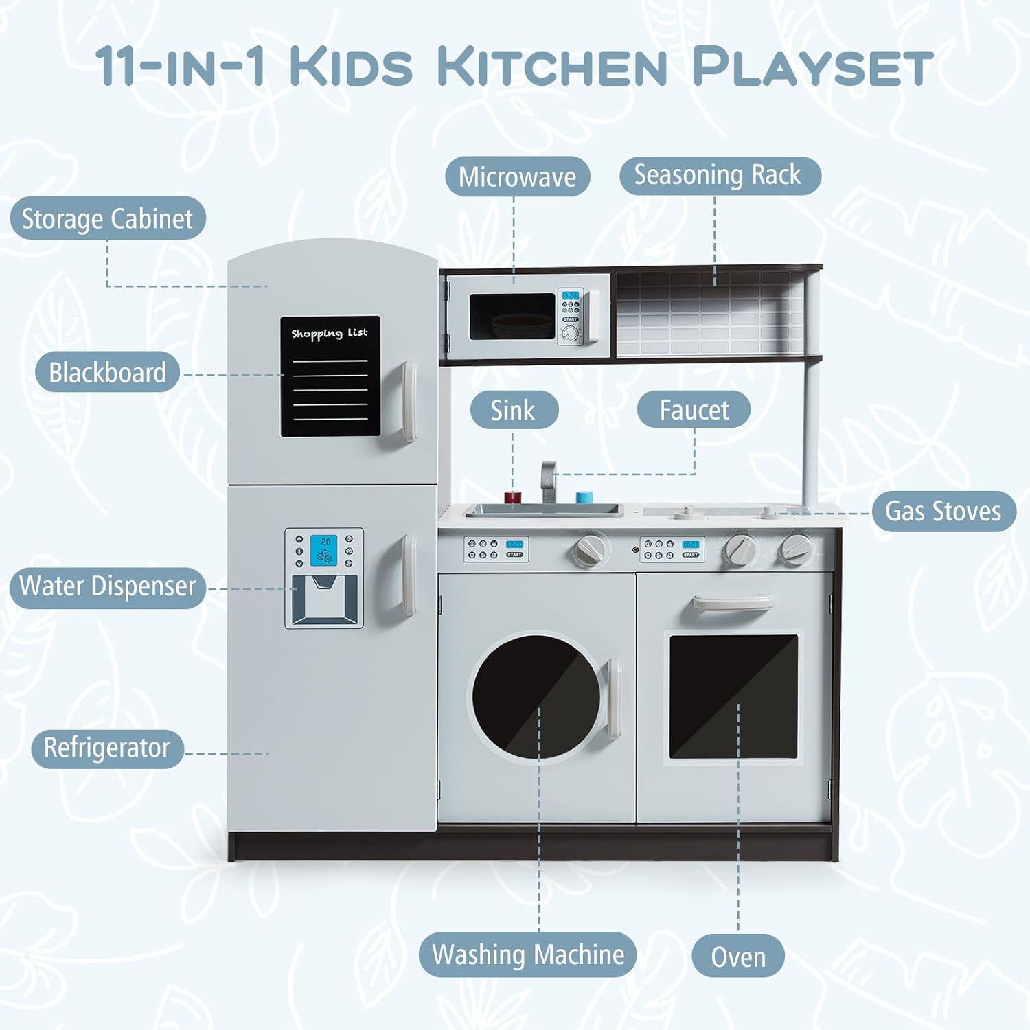 Costzon Kids Play Kitchen, Wooden Kids Kitchen Playset w/Realistic Sound, Microwave, Oven, Washing Machine, Refrigerator, Sink, Toy Kitchen, Gift for Boys Girls Age 3+