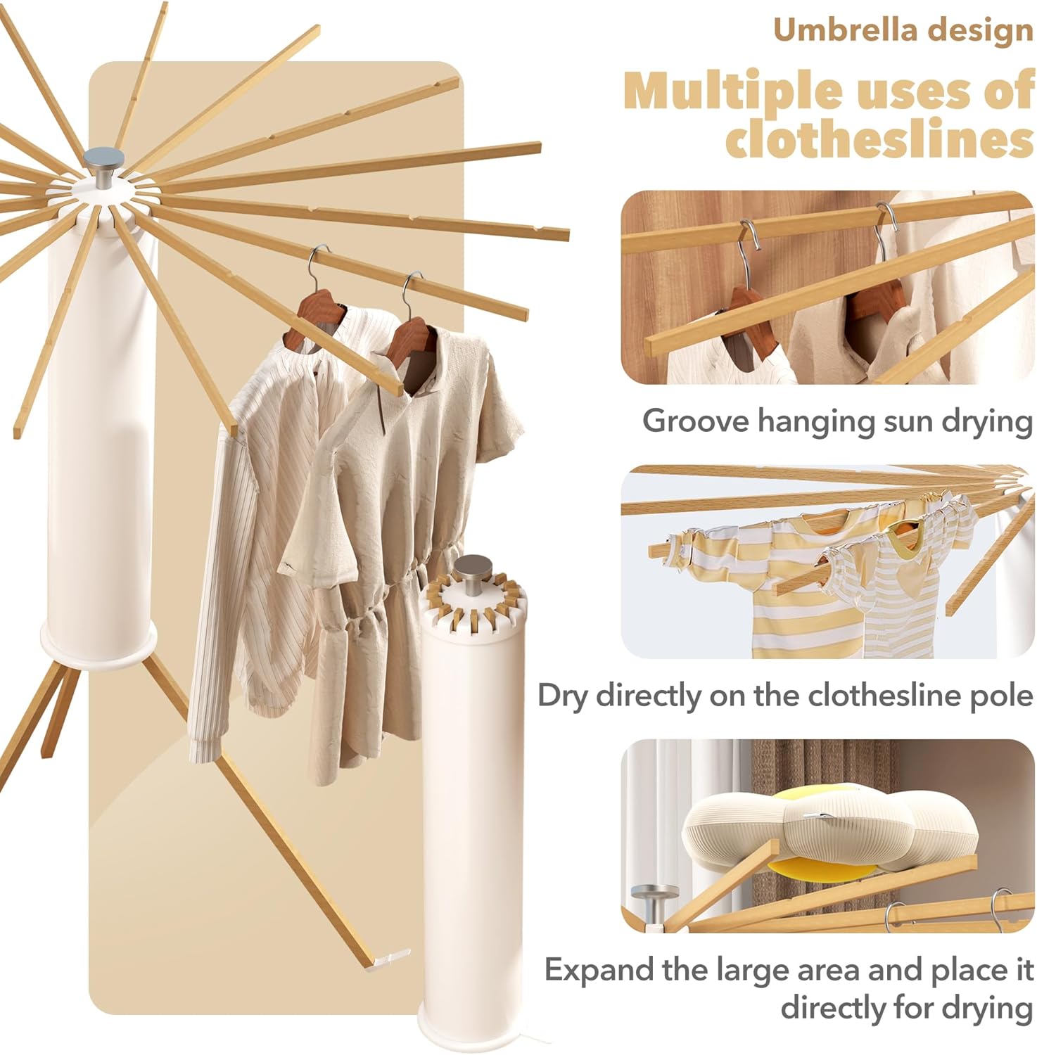 Tripod Clothes Drying Rack, Laundry Drying Rack for Clothing, Foldable Collapsible Space-Saving Umbrella Dryer with 16 Rods, Floor Standing Rack for Indoor Outdoor Use, Wooden