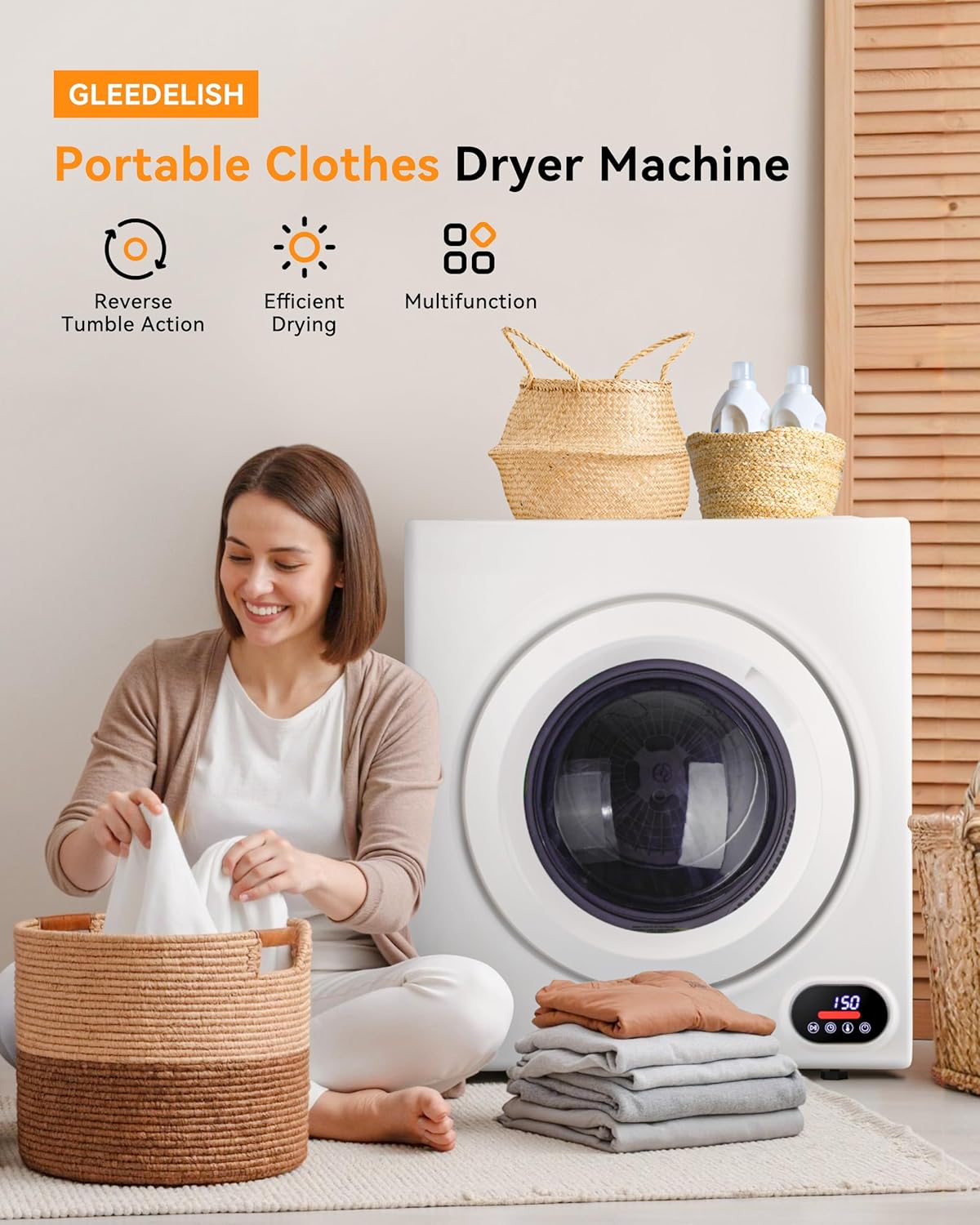 21.1 LBS Compact Laundry Dryer, 3.5 cu ft Front Load Stainless Steel Clothes Dryers With Exhaust Pipe, 1500W, LCD Control Panel, 4 Function Portable Dryer For Apartments, Home, Dorm, White