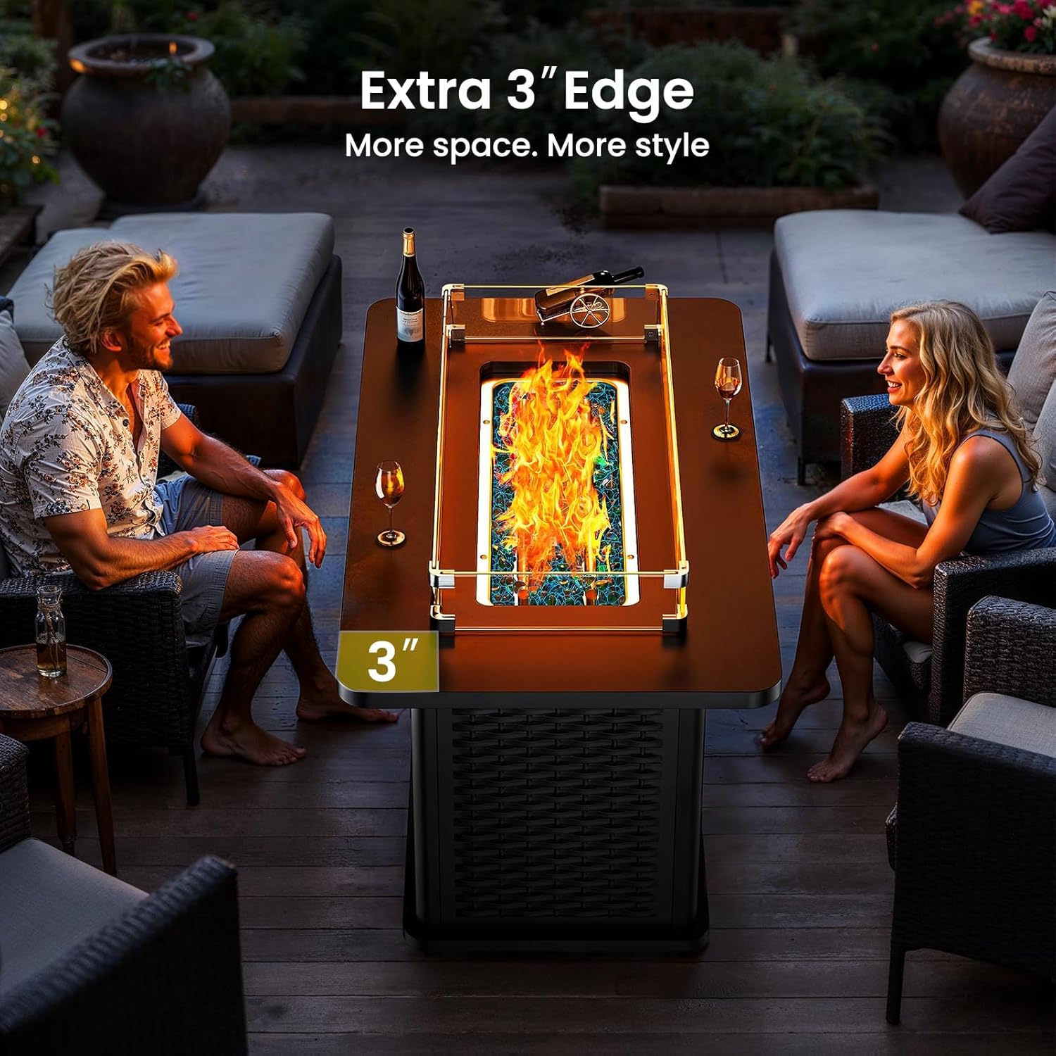 Ciays 43-Inch Rectangular Propane Fire Pit – 60,000 BTU Output, Premium Gas Fire Pit Table for Outside Patio, 304 Stainless Steel H-Burner, Glass Stones & Wind Guard, Black Finish