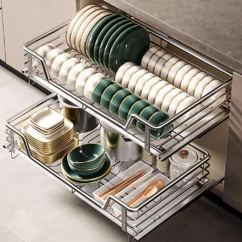 Kitchen Pull Out Cabinets Organizer, 304 Stainless Steel Wire Basket Sliding Drawer for Cabinet Storage Shelves Heavy Duty Slide Out Pan Lid Cookware Organizer for small kitchen appliances, spice seas