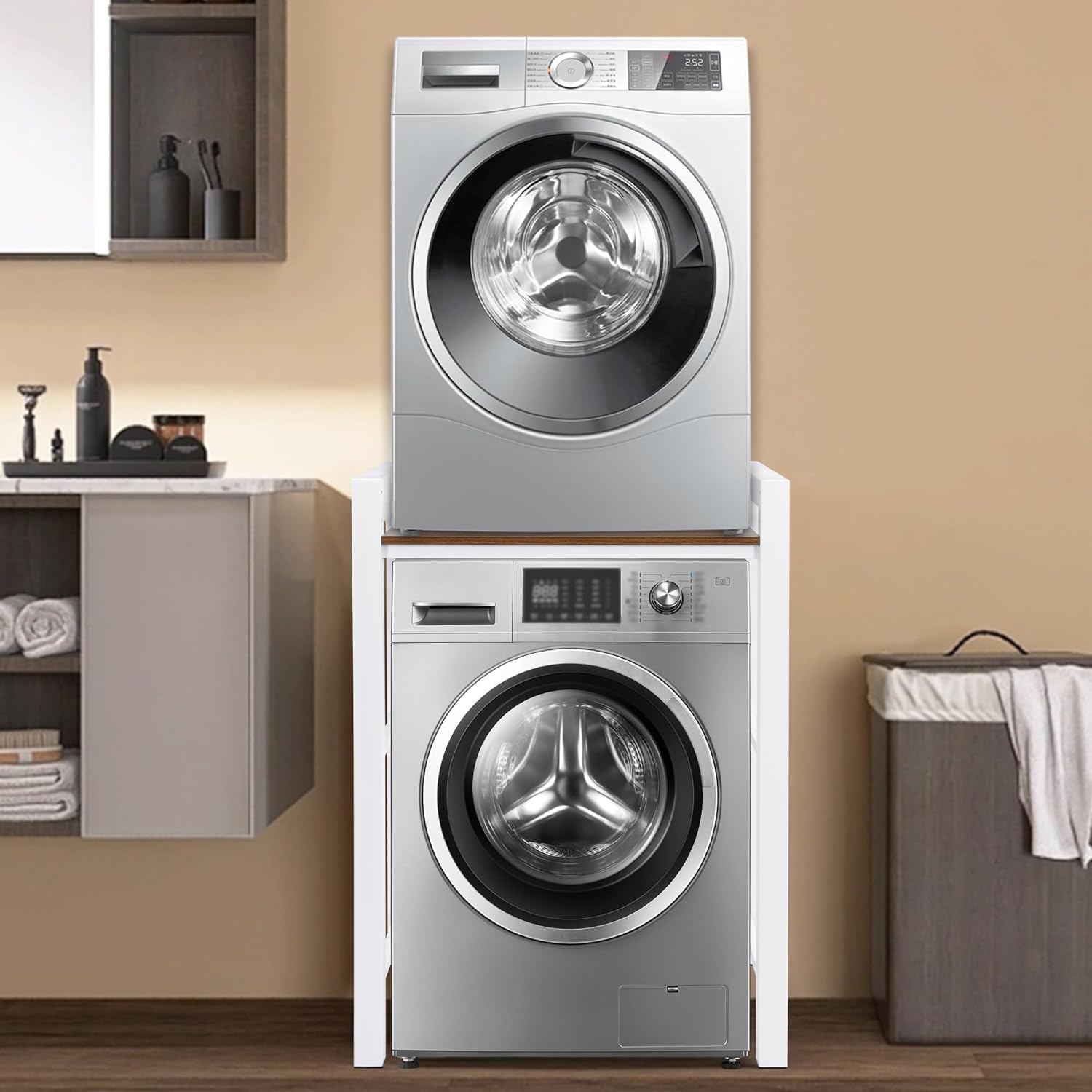 Washer Dryer Stacking Rack Stand, Portable Stacking Washer Dryer Stand, Storage Shelf Washing Machine Shelf,Over The Washer and Dryer Shelves Space Saving,Load-bearing 350kg. (White)