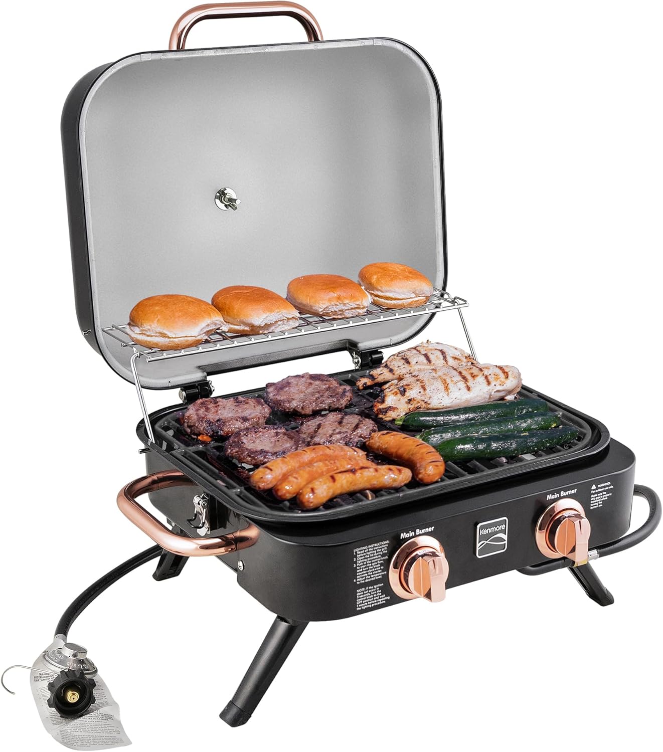Kenmore 2-Burner Portable Gas Grill, Tabletop BBQ Grill with Warming Rack, Foldable Legs, Stainless Steel Burners, Fits 5 & 20 lb Propane Tanks, Ideal for Camping & Tailgating, Black & Copper