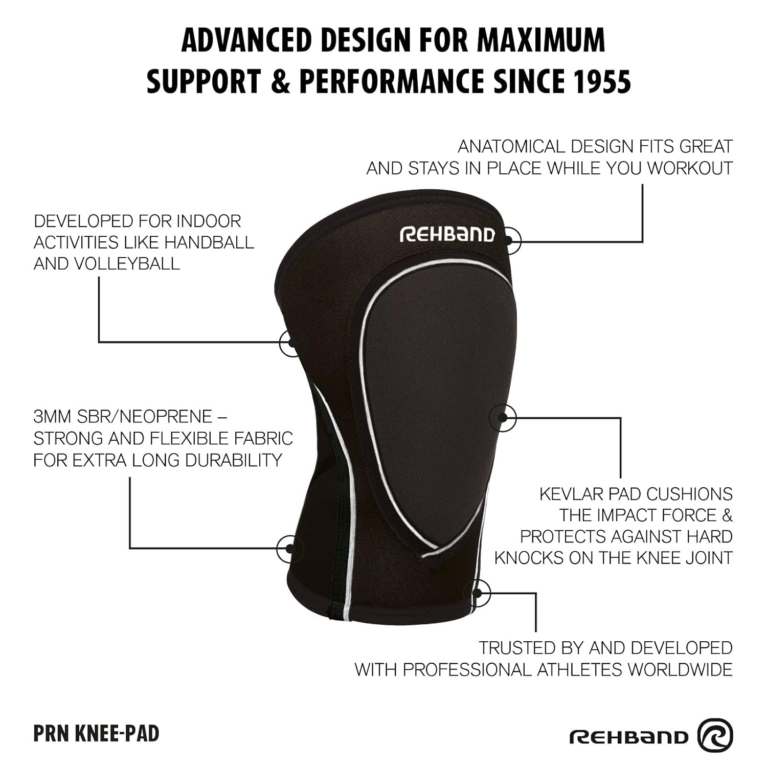 Rehband Indoor-Sports knee pads, 3mm Neoprene knee protectors for volleyball, handball & dancing, Unisex knee protector support, Colour:Black - 1 Pair, Size:Medium