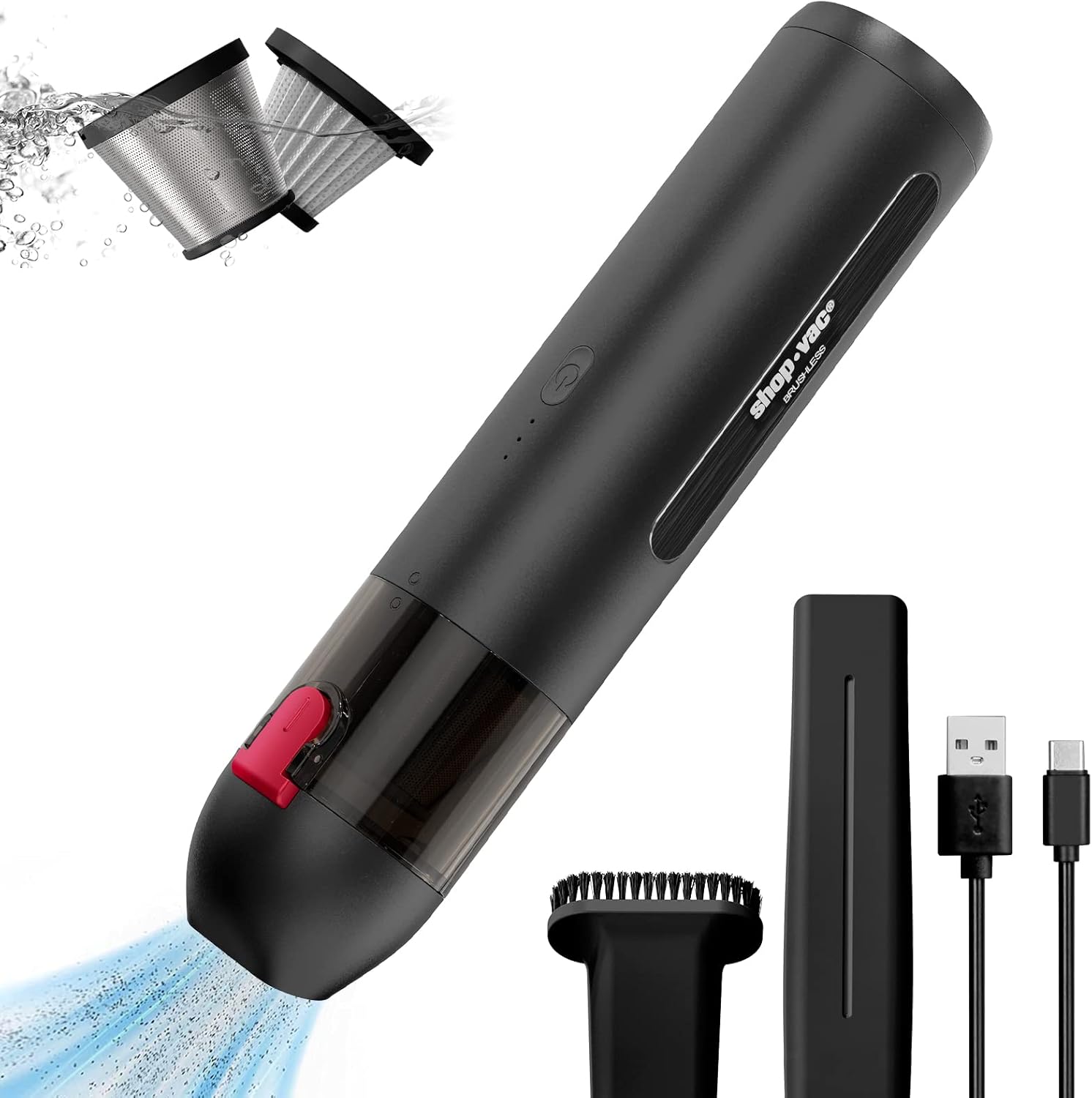 Shop-Vac Handheld Vacuum Cordless, 13000Pa Suction Power, 100W Brushless Motor, Mini Vacuum Cleaner with LED Light, Rechargeable Battery and Attachments, for Home, Office and Car