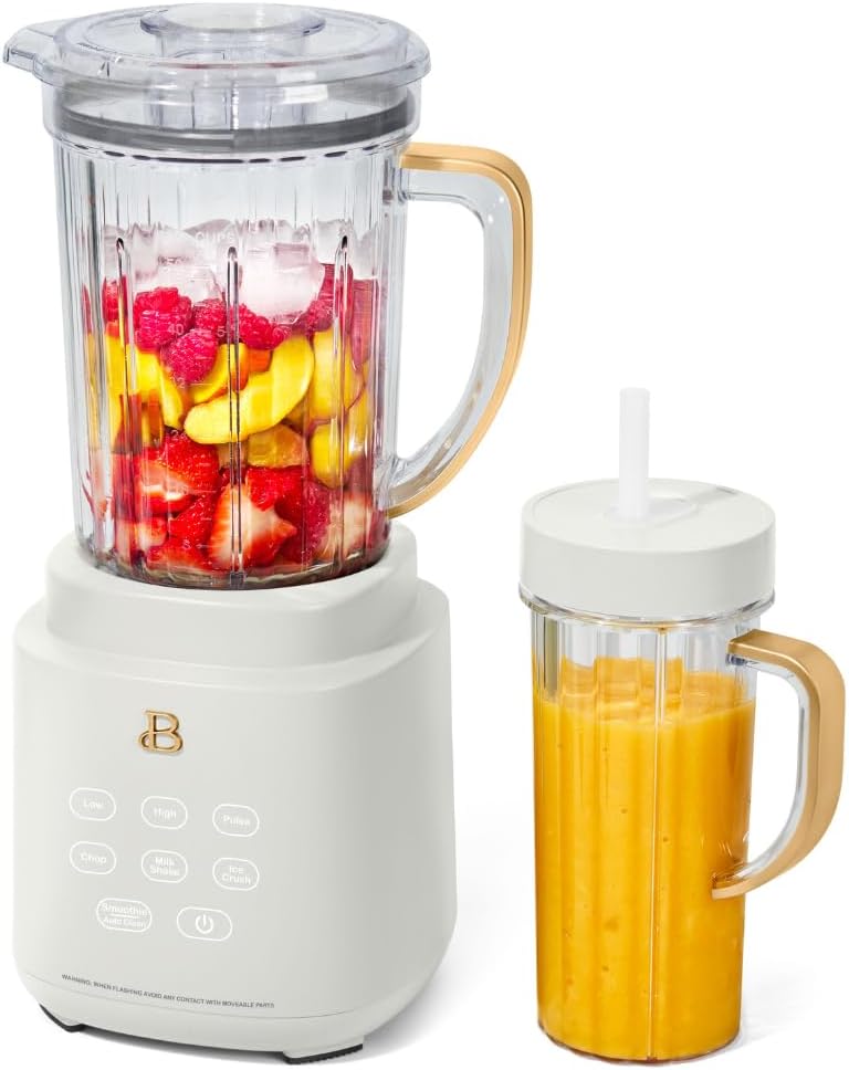 Beautiful PowerExact Blender System, 700W, Touch Display, PrecisionSense Tech, 50oz Tritan Jar + 20oz To-Go Cup, 4 Presets, Ice Crush, Smoothie, Dishwasher Safe, Gold Accents (White Icing)