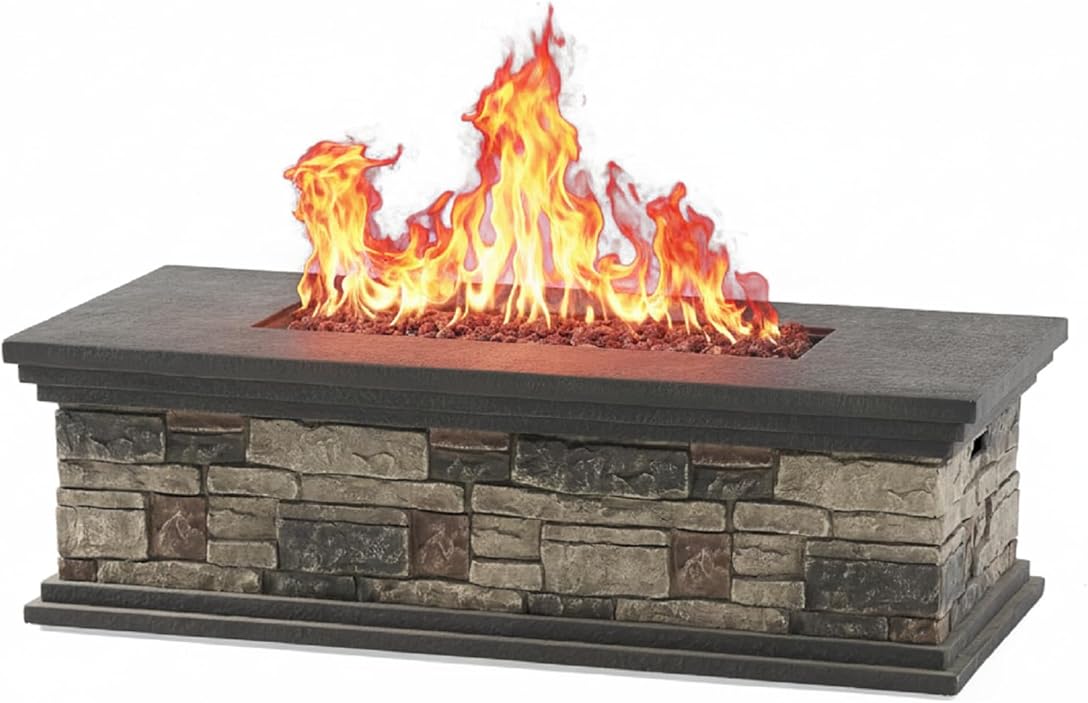 Propane Fire Pit Table, Rectangle 50,000 BTU Outdoor Fire Pit, 56 Inch Portable Gas Fire Pits for Patio Backyard Garden, Faux Stone Magnesium Oxide Design, Not Included Propane & Cover - Stone Gray