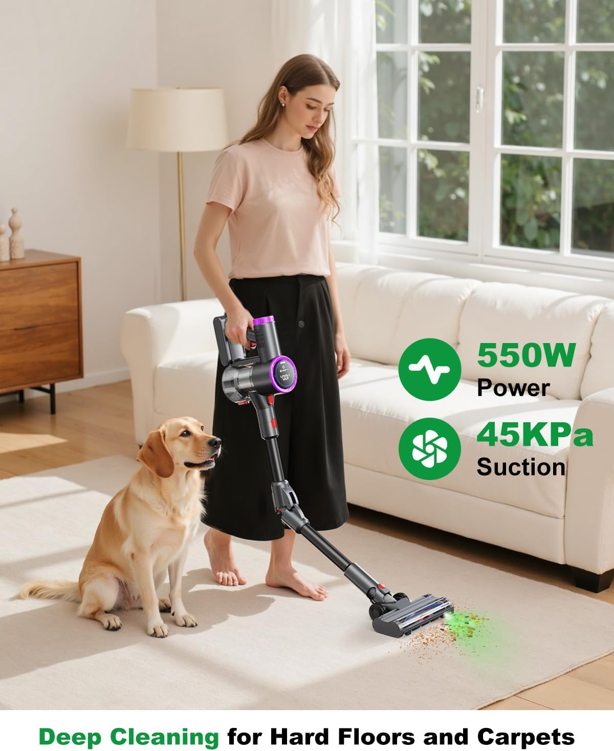 Cordless Vacuum Cleaner, Stick Vacuum Foldable Rechargeable, Powerful Suction Lightweight Vacuum Cleaners for Home,Anti-Tangle,Self Standing for Pet Hair Hardwood Floor Carpet