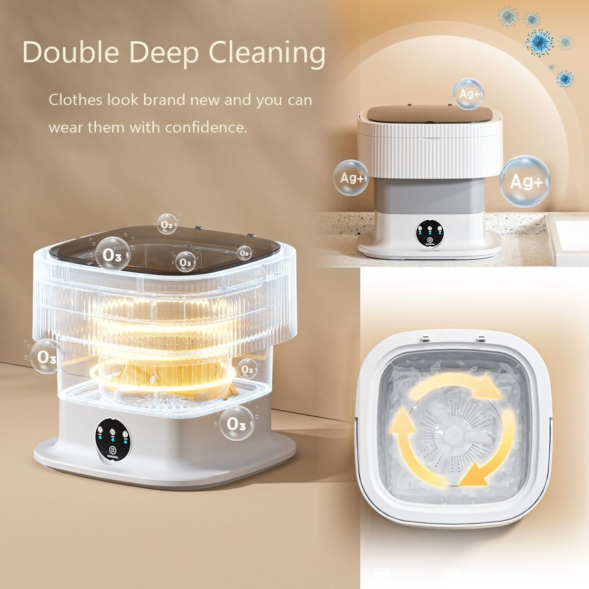 12X12X11in Foldable Washing Machine 10L Large Capacity Washer With Spin Cycle Basket And Drain Hose Travel Washing Machine For Home Dormitories Hotels(Beige)