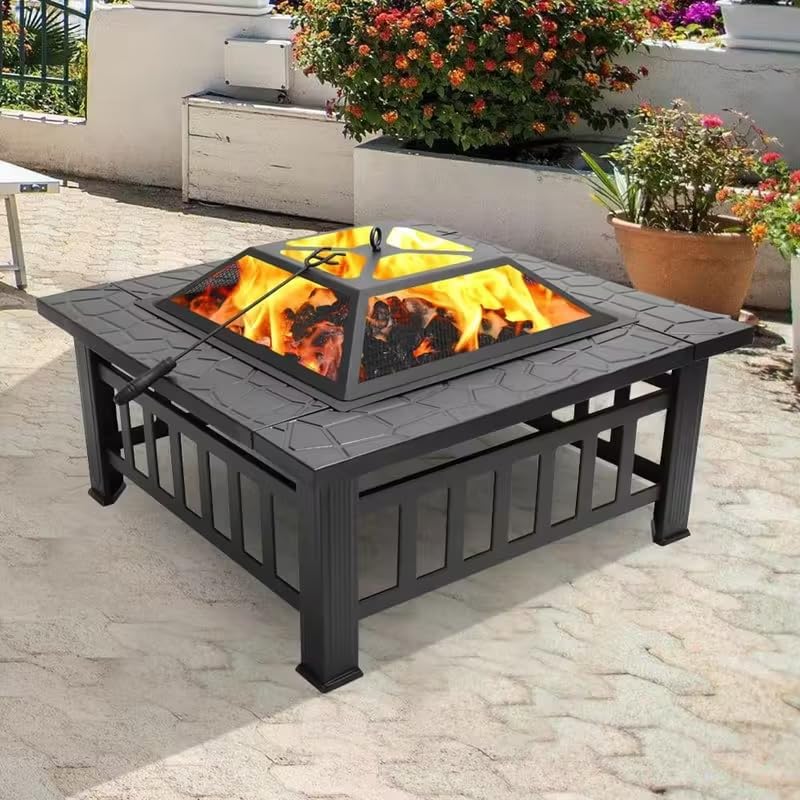 32-Inch Square Metal Fire Pit Table, Multifunctional Firepit Stove for Backyard, Patio, Garden, Camping, Outdoor Heating, Bonfires & Picnics