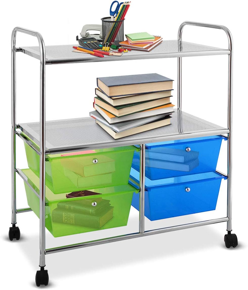 Giantex Rolling Storage Cart w/ 4 Drawers 2 Shelves Metal Rack Shelf Home Office School Beauty Salon Utility Organizer Cart with Wheels (Blue & Green)